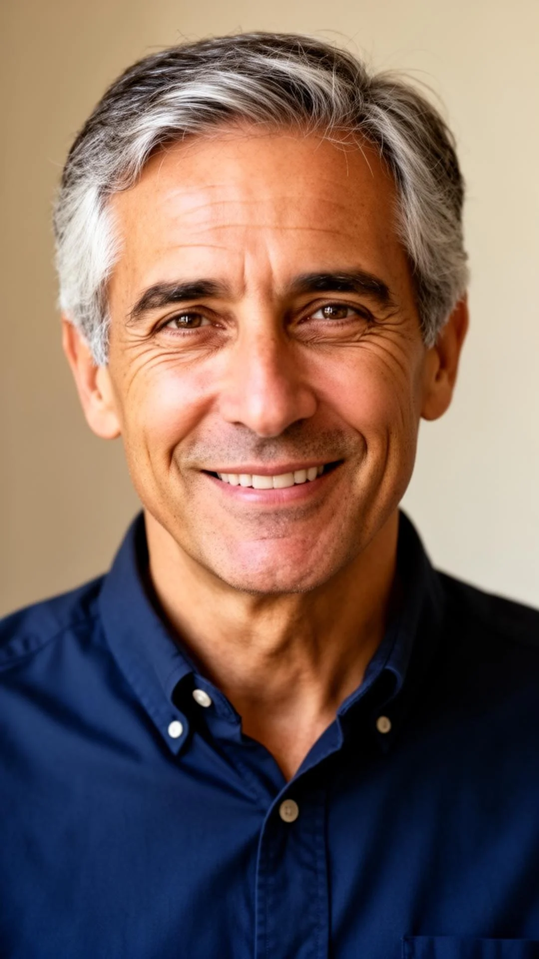 Close-up portrait of smiling middle-aged man with gray hair, wearing a dark blue collared shirt, against a neutral background.