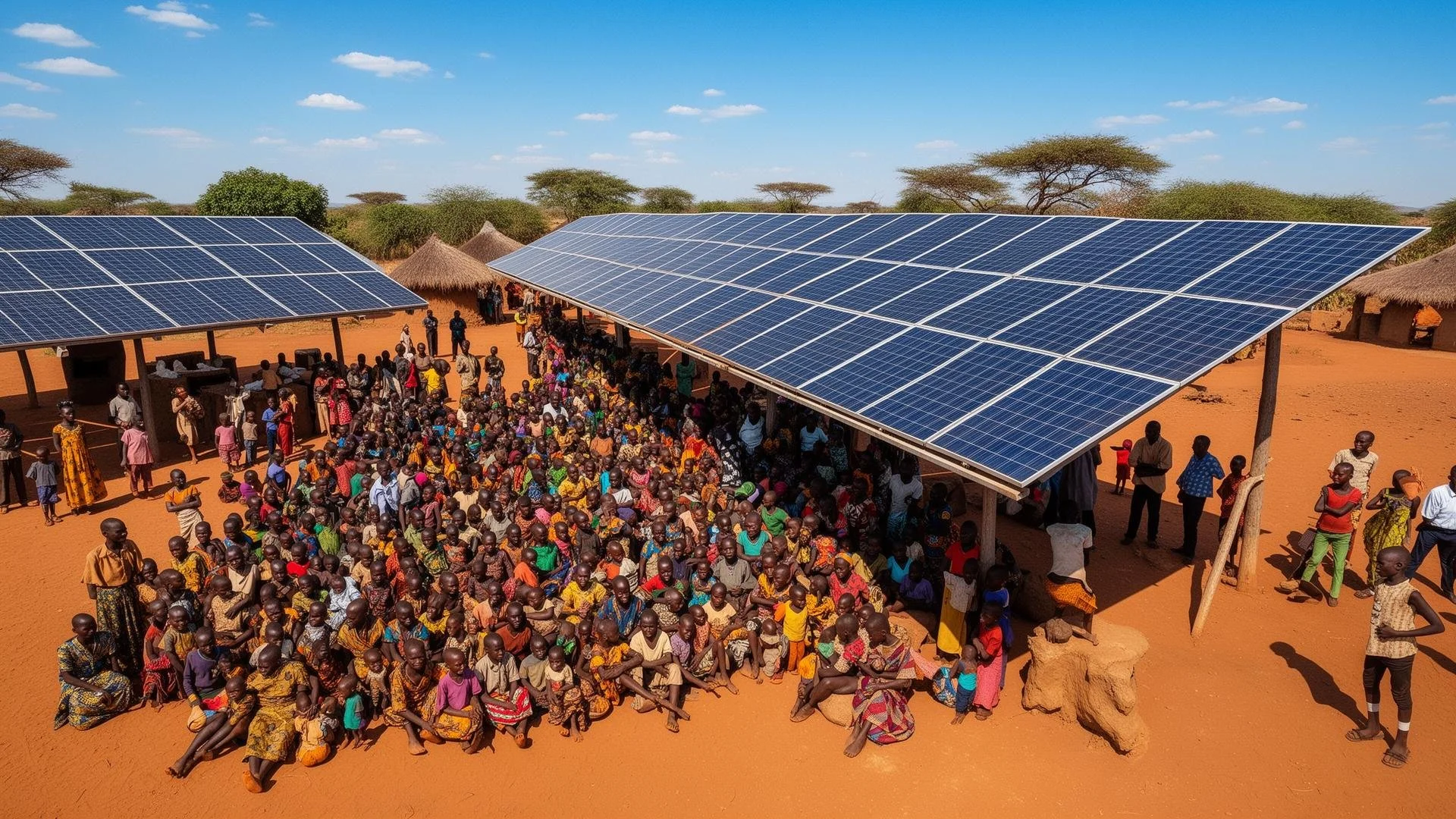 Many people gathered in front of a building with solar panels on the roof in a rural area, with African-style huts and acacia trees visible in the background under a blue sky with scattered clouds.