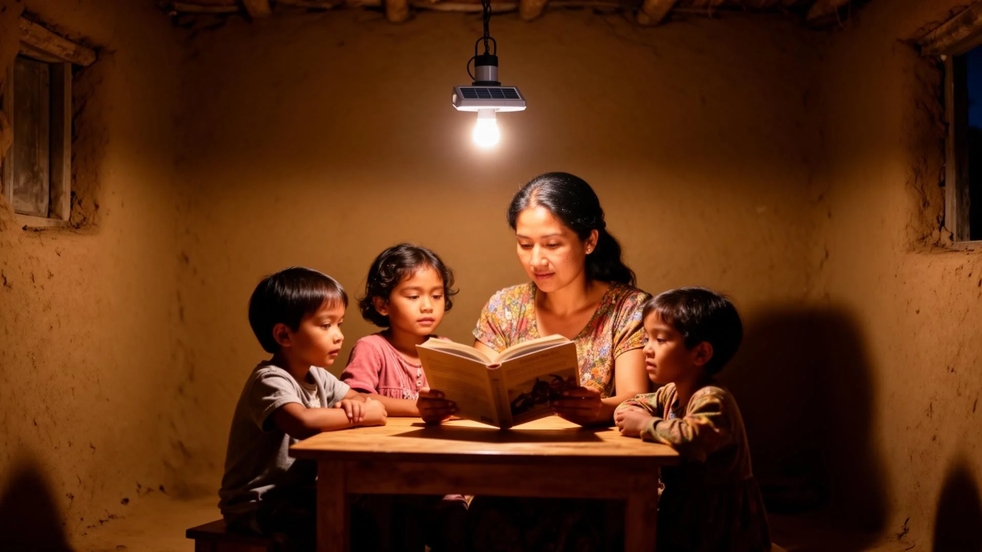 A woman reading a book to three children seated at a wooden table in a dimly lit room with mud walls and small windows.
