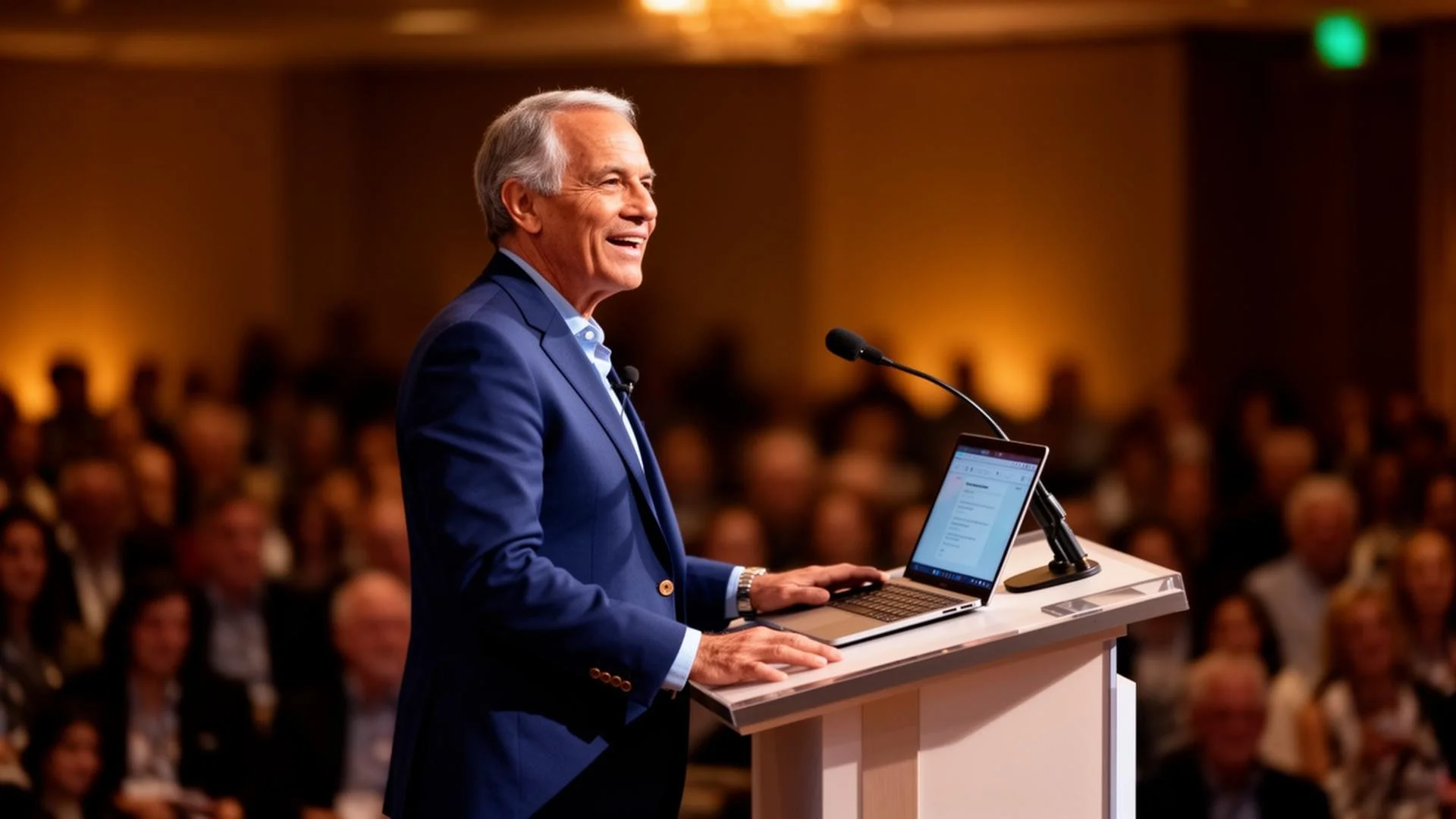 An older man with gray hair wearing a blue suit and light blue shirt stands at a podium with a laptop, delivering a speech or presentation to a large audience in a conference room with warm lighting.
