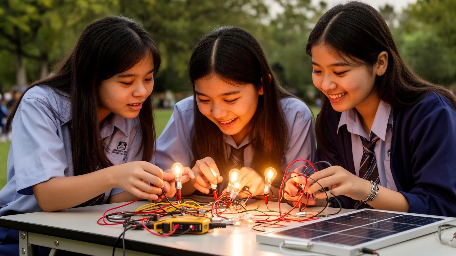 Three female students in school uniforms working on an electronics project with light bulbs and wires outdoors.
