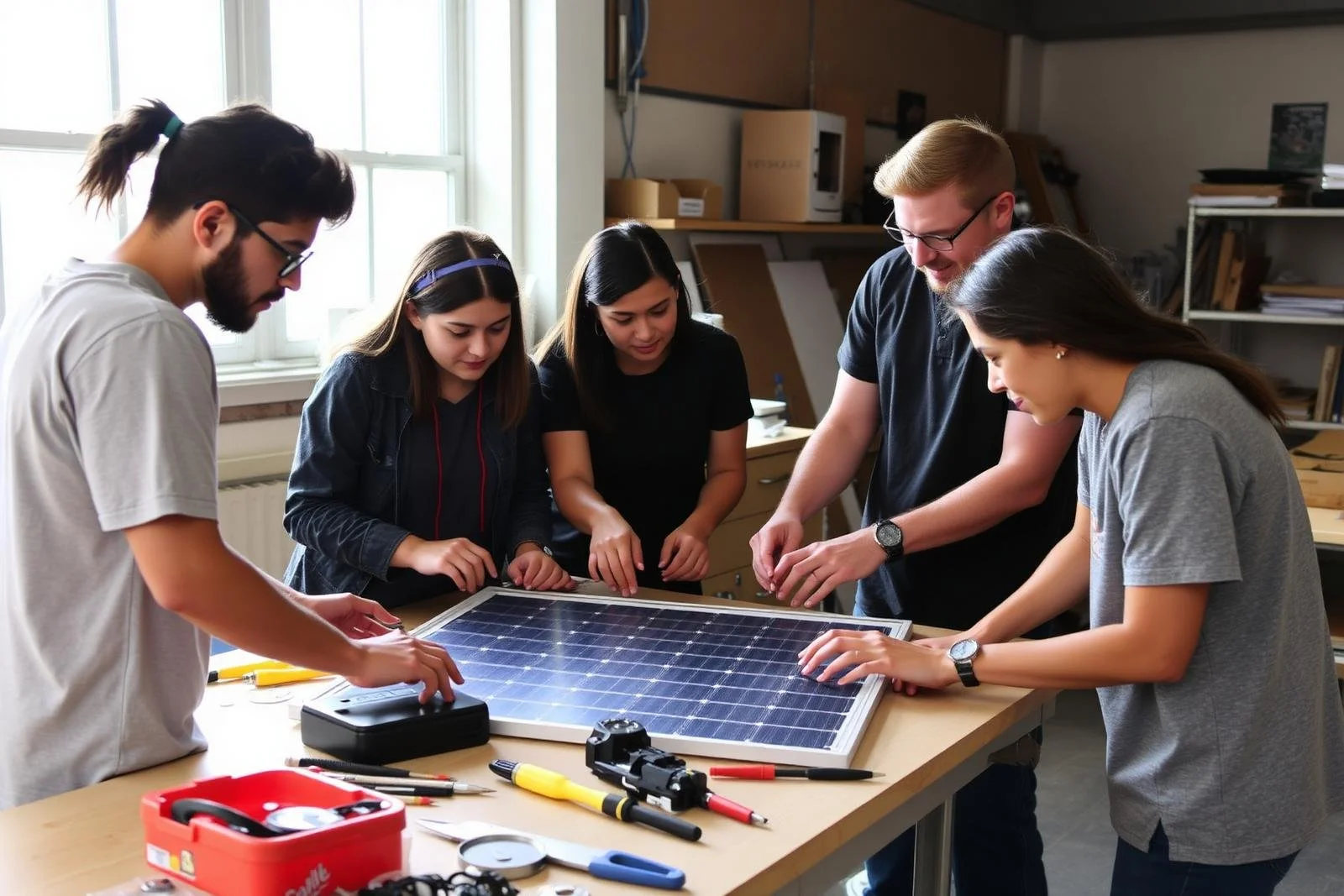 Group of five people working together on a solar panel in a workshop or lab, surrounded by tools and equipment.