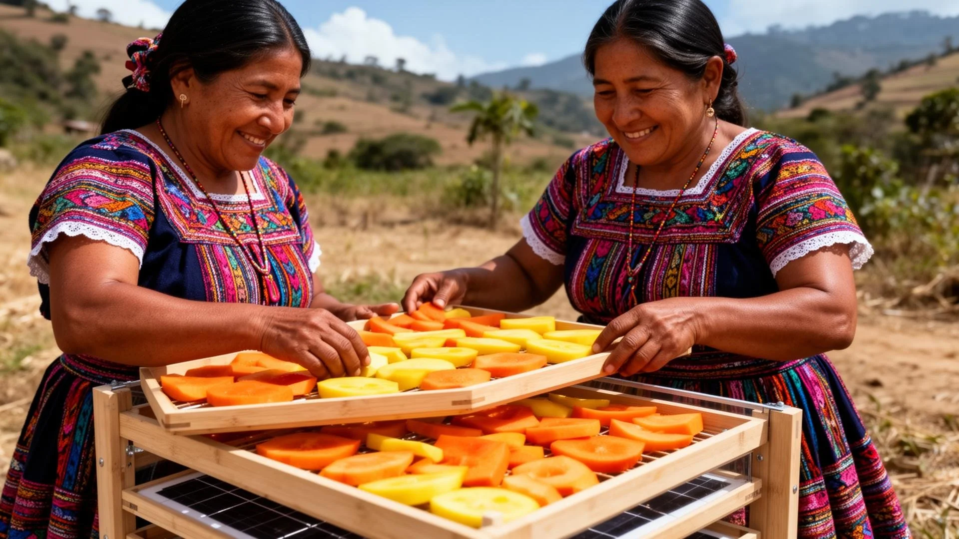 Two women dressed in colorful traditional clothing are outdoors, smiling and working together to prepare sliced yellow and orange vegetables on a wooden tray.
