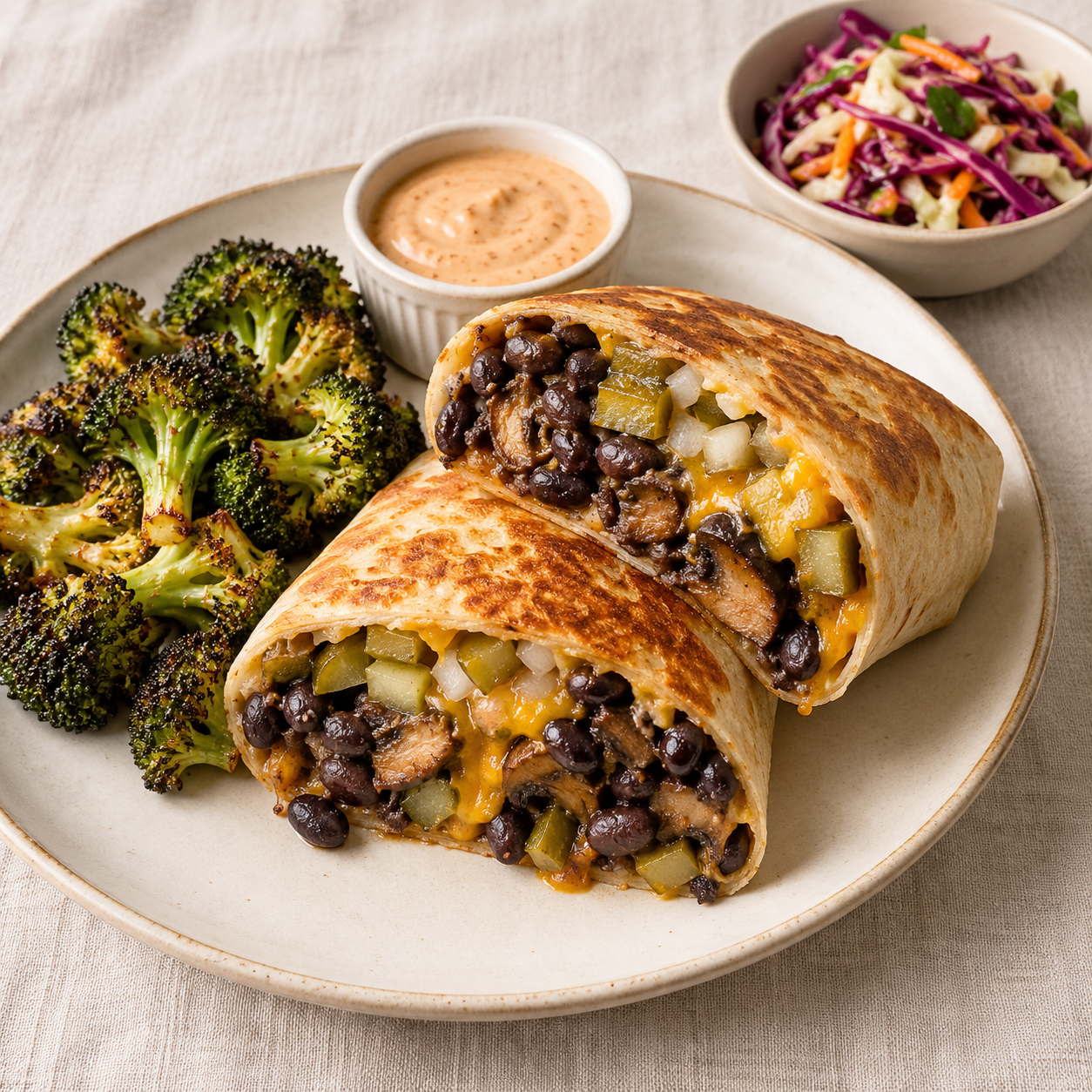 Vegetarian option · Crispy Black Bean & Mushroom Cheeseburger Burrito