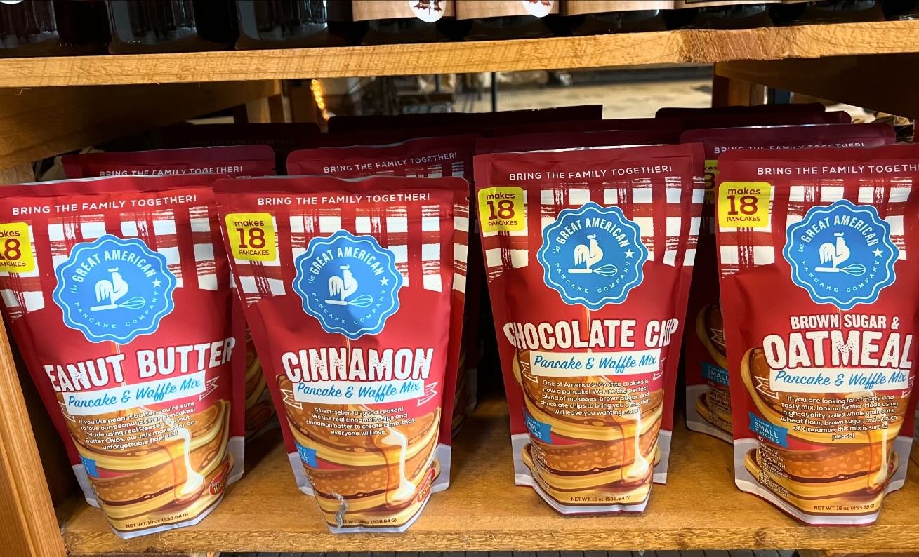Restocked the delicious pancake &amp; waffle mix! Flavors hitting the shelf today are peanut butter, cinnamon, chocolate chip, brown sugar &amp; oatmeal and buttermilk. 🥞🧇