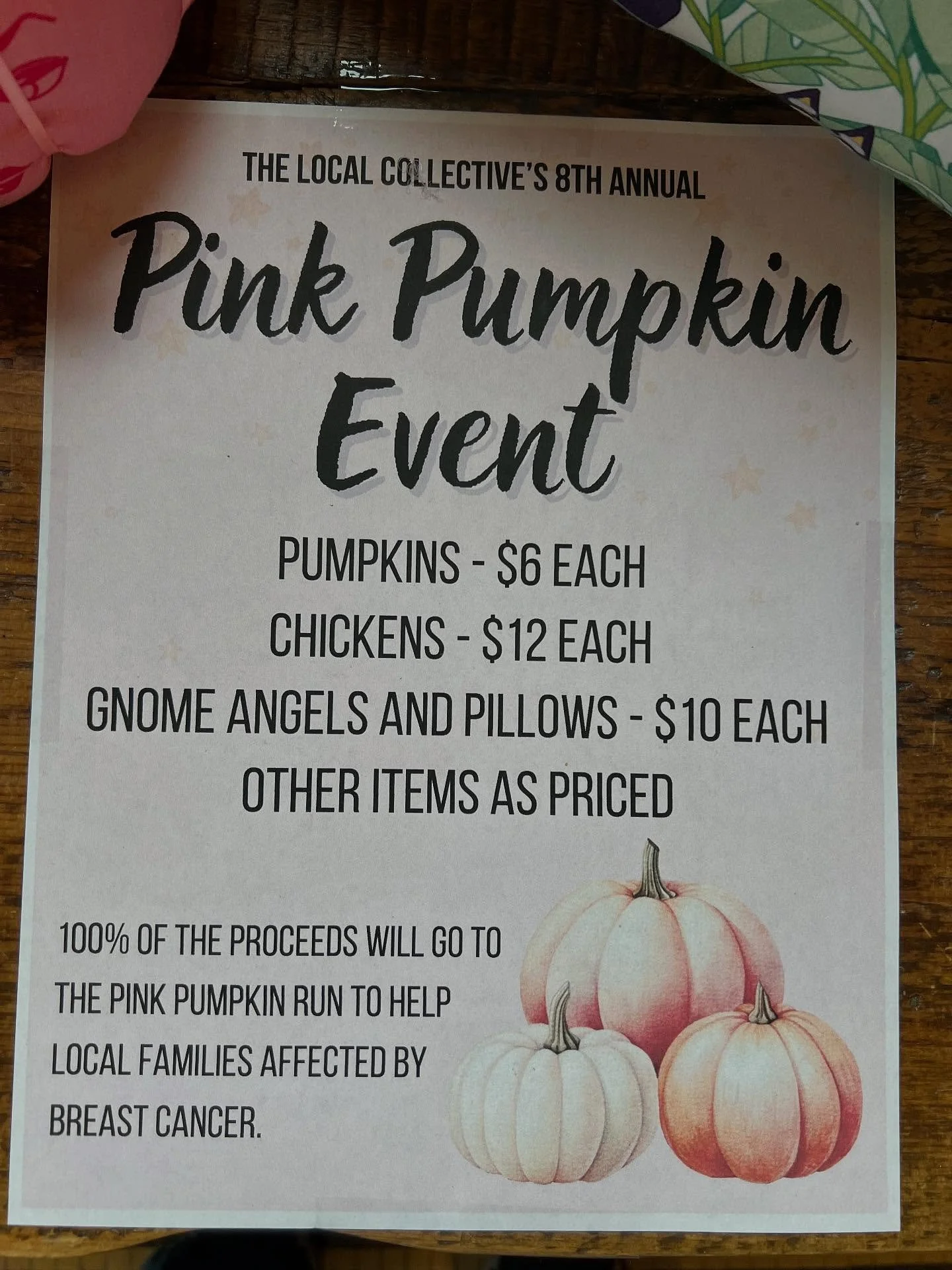 Our 8th annual Pink Pumpkin run is here! Discover pumpkins, chickens, gnomes, and other cute, handcrafted items. All proceeds benefit local families impacted by breast cancer.