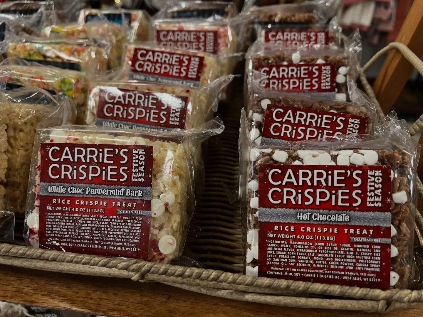 We just got a fresh shipment of your favorite crispie treats from @carriescrispies and fudge from @valleyfudgeandcandy 🎄
