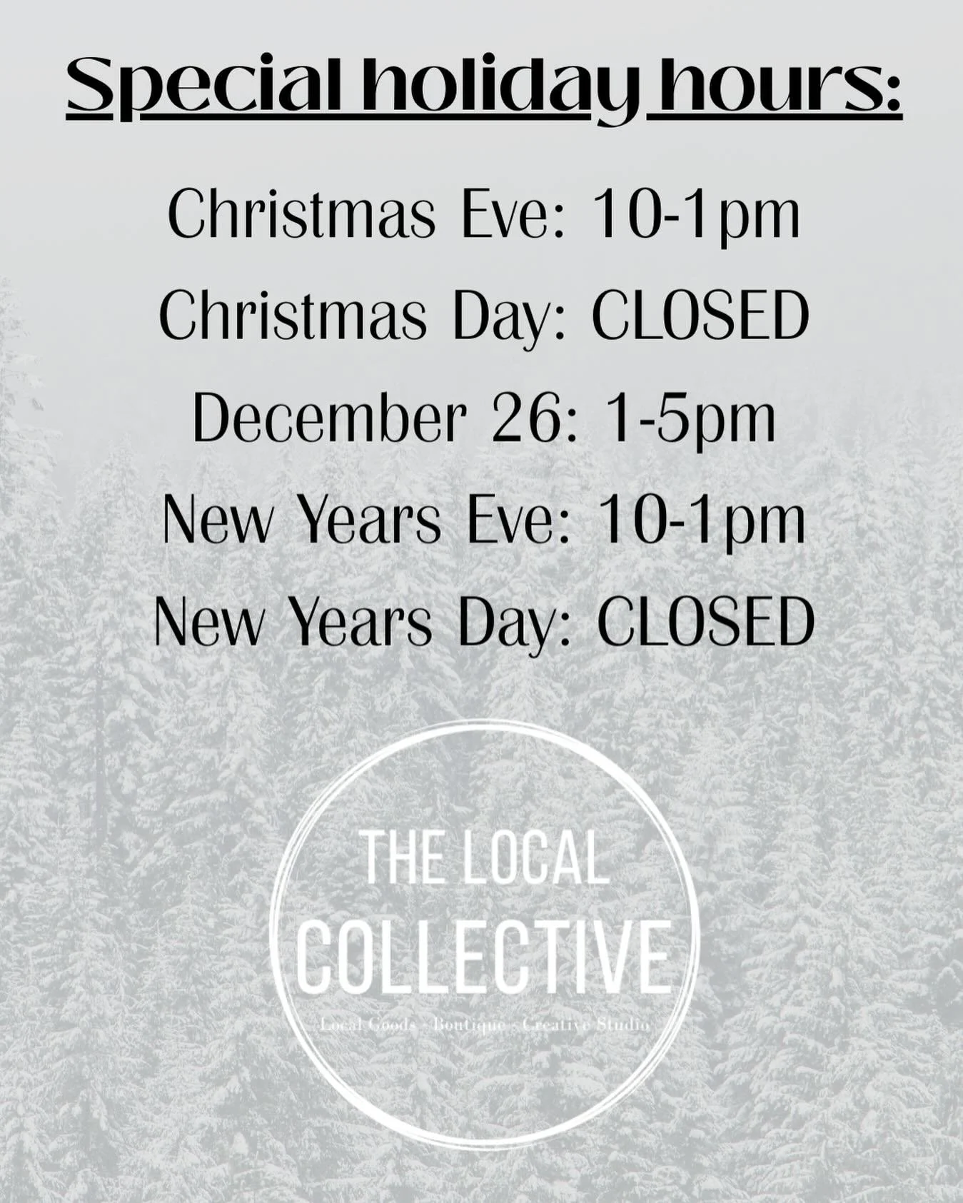 Friendly reminder our hours for today are 1-5pm, we will have our holiday hours Saturday 10-5, Sunday 10-3, Monday we are closed as usual and normal Tuesday hours 10-6pm.