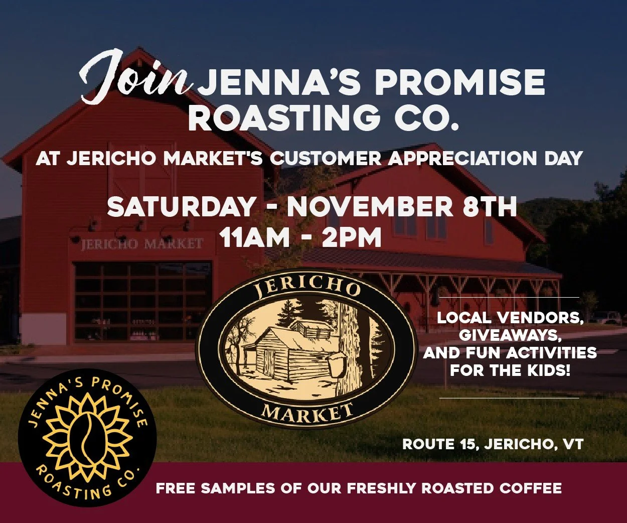 We can&rsquo;t wait to hang out with our friends at Jericho Market and meet their awesome customers! Swing by, enjoy free samples of our coffee, check out all the great vendors, and bring the kids for some fun activities. See you there!
#JennasPromis