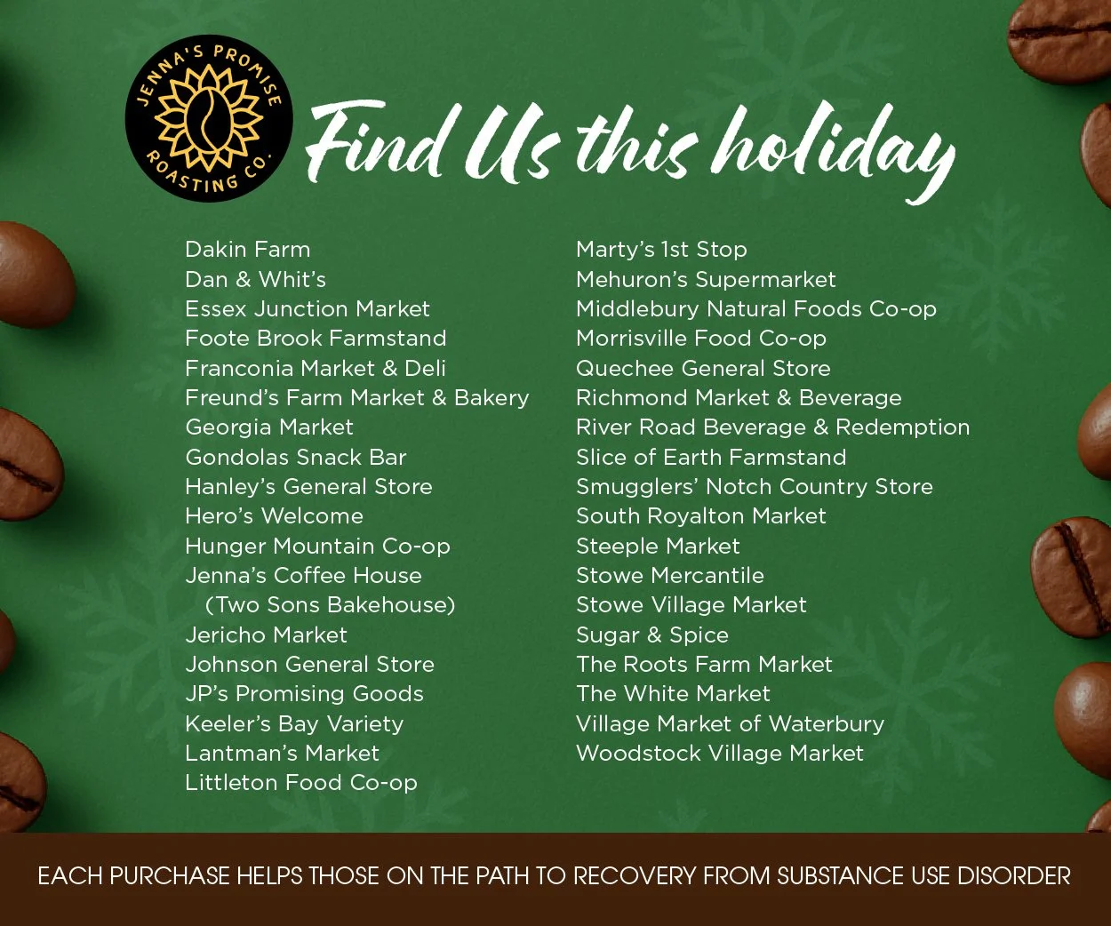 It&rsquo;s Small Business Saturday! Putting together a holiday basket or looking for the perfect gift? Pop by one of our valued retail partners and grab a bag of Jenna&rsquo;s Promise Roasting Co. Coffee. Please shop local whenever possible, but espe