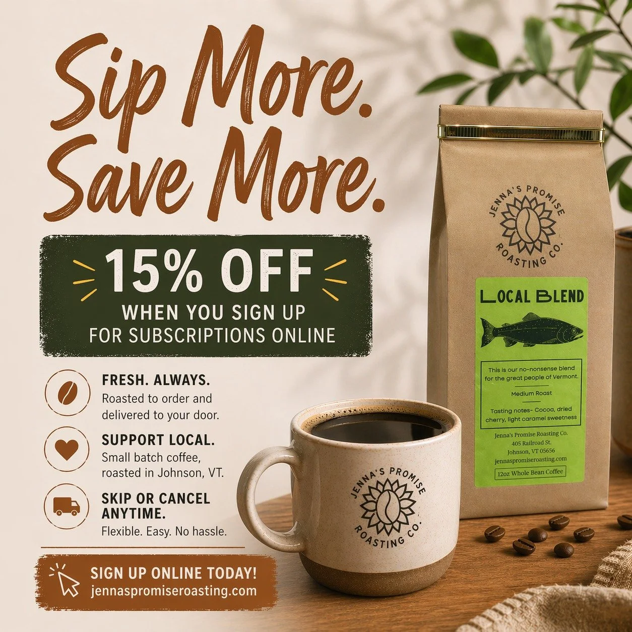Set it &amp; forget it ☕️
Sign up for a coffee subscription on our website and save 15% on every order! Choose the schedule that fits your routine - weekly, bi-weekly, monthly, or every 2&ndash;3 months - and never run out of your favorite brew again