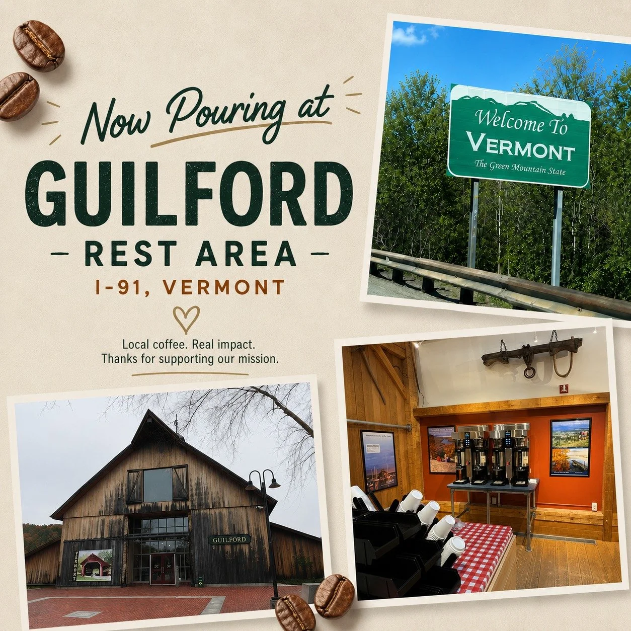 Grab a cup of Jenna&rsquo;s Promise Roasting Co. coffee to welcome you into the Green Mountain State! ☕💚

We&rsquo;re excited to share that the beautiful Guilford Rest Area (I-91 North) now carries Jenna&rsquo;s Promise Roasting Co. &ndash; which me
