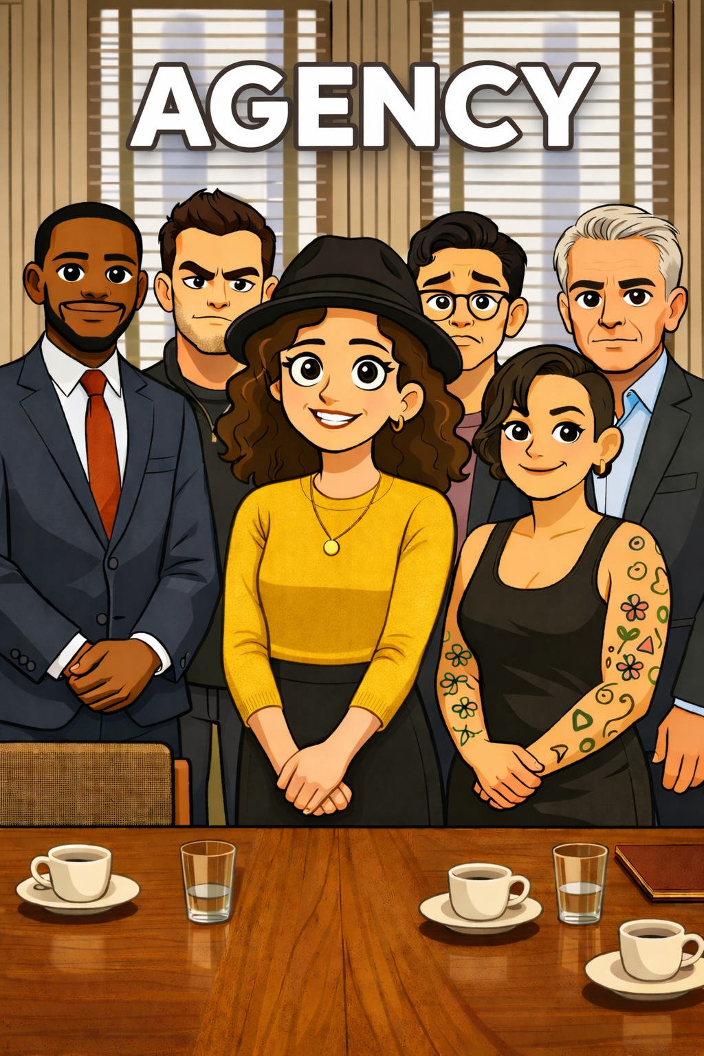 Cartoon depiction of six diverse people standing behind a conference table with coffee cups and glasses, in front of a window with blinds, with the word 'AGENCY' displayed above them.