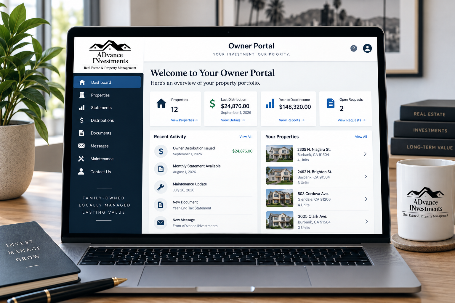 Laptop screen displaying an property management dashboard for Advance Investments, with navigation menu, property portfolio overview, recent activity, and property list.