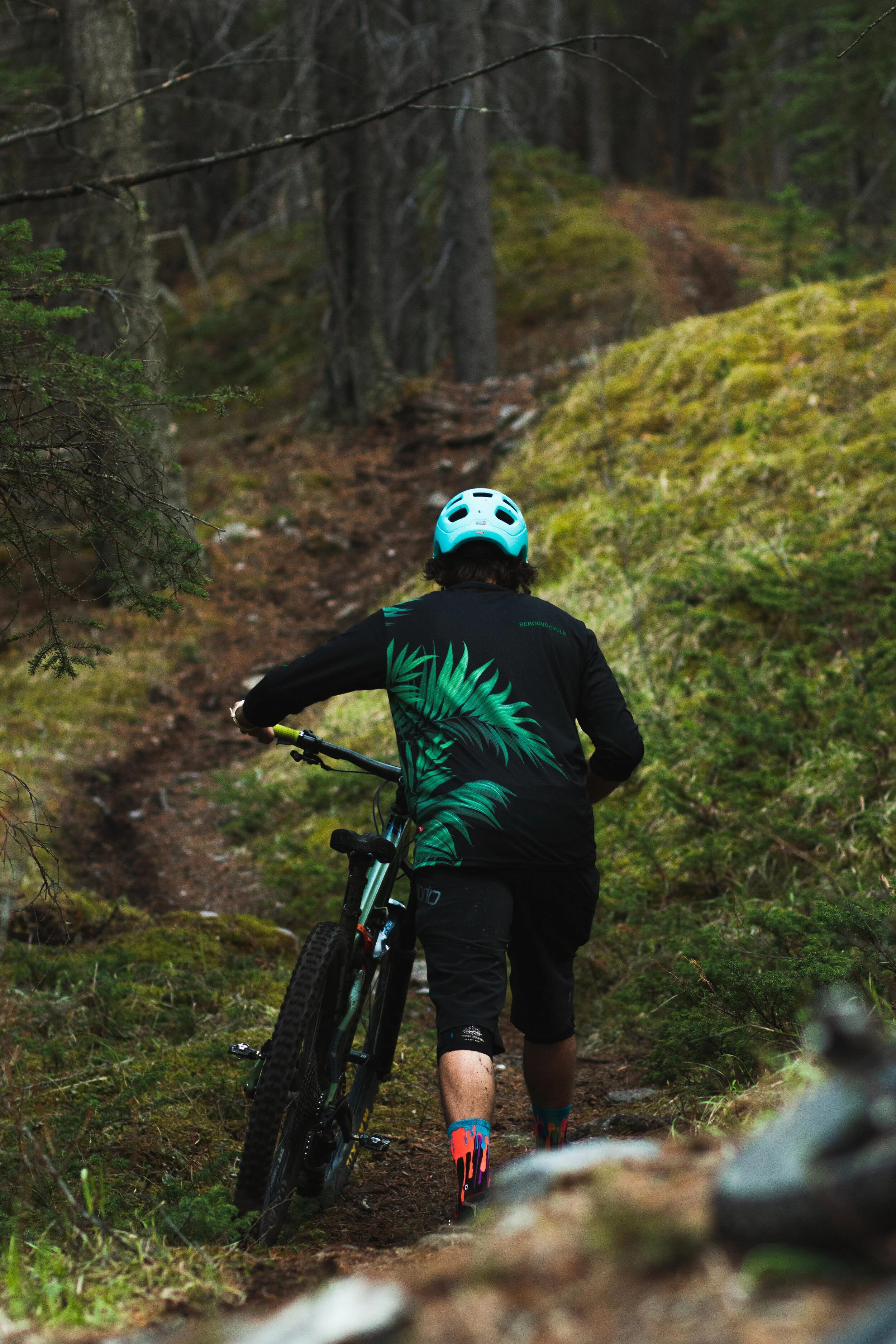 A person wearing a black jacket with a green palm leaf pattern, black shorts, colorful socks, and a blue helmet is riding a mountain bike on a narrow dirt trail through a forest with green moss-covered ground and tall trees.