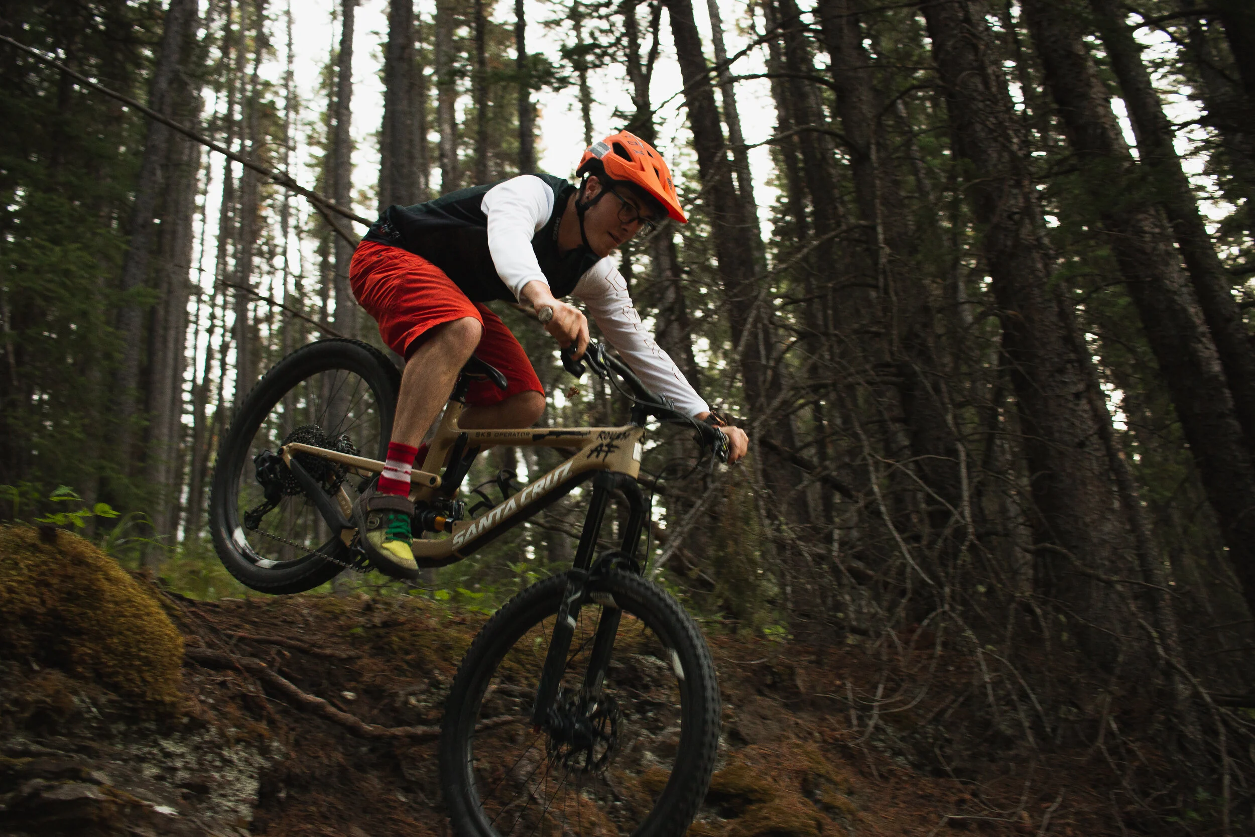 A person wearing a red helmet, glasses, a black vest, white long-sleeve shirt, red shorts, and green shoes riding a mountain bike down a forest trail surrounded by tall trees.
