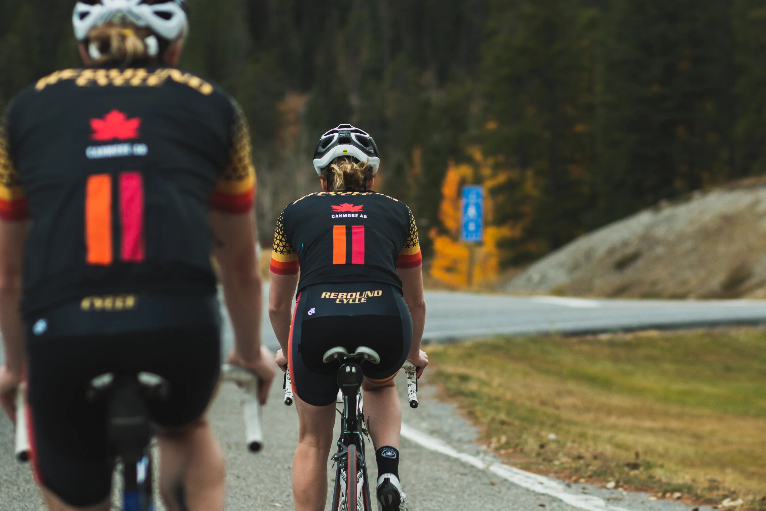 Cyclists riding on a road through a forested area with autumn foliage, wearing cycling gear and helmets.