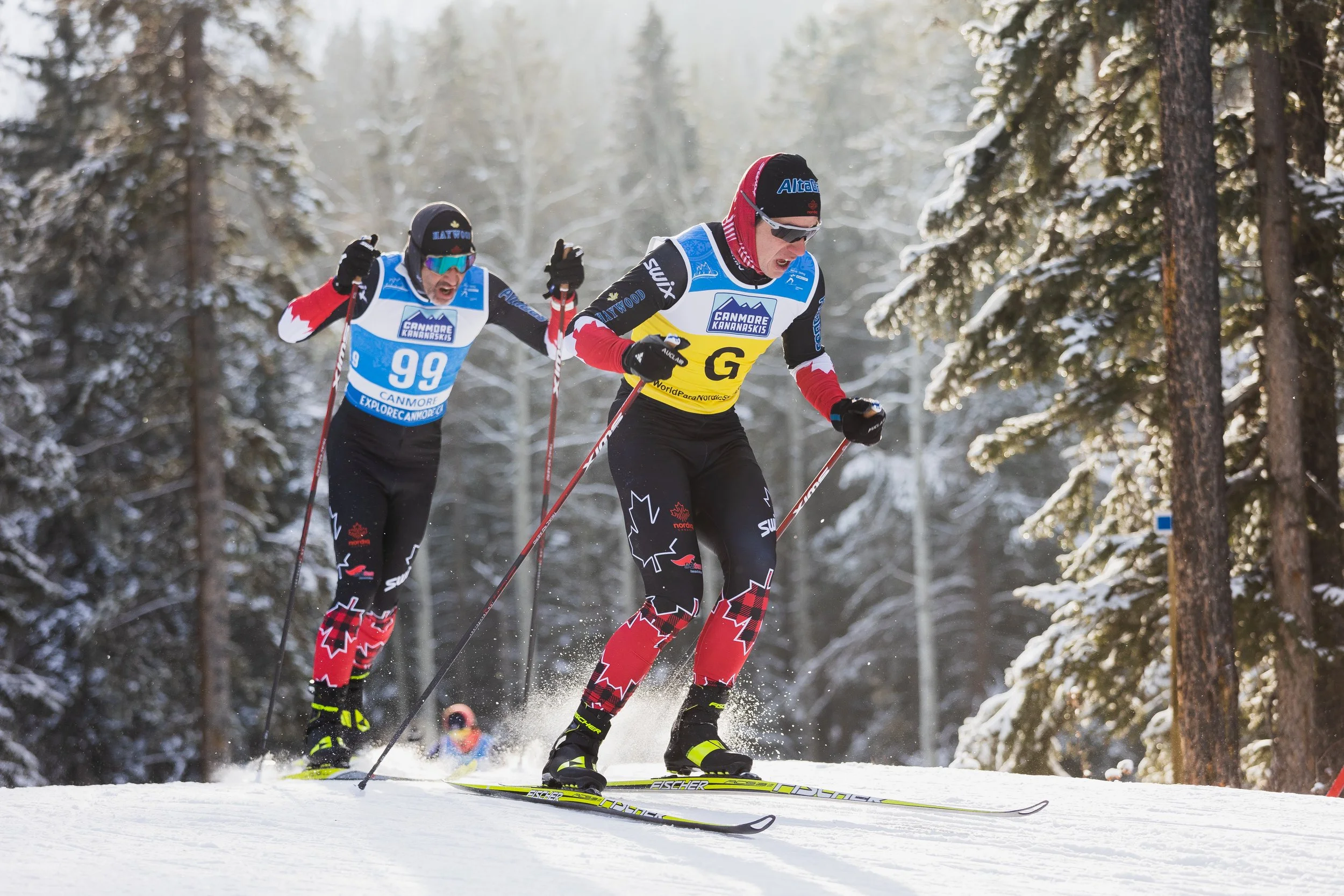 Two skiers racing through snowy forest terrain during a competition, wearing race bibs and winter gear.