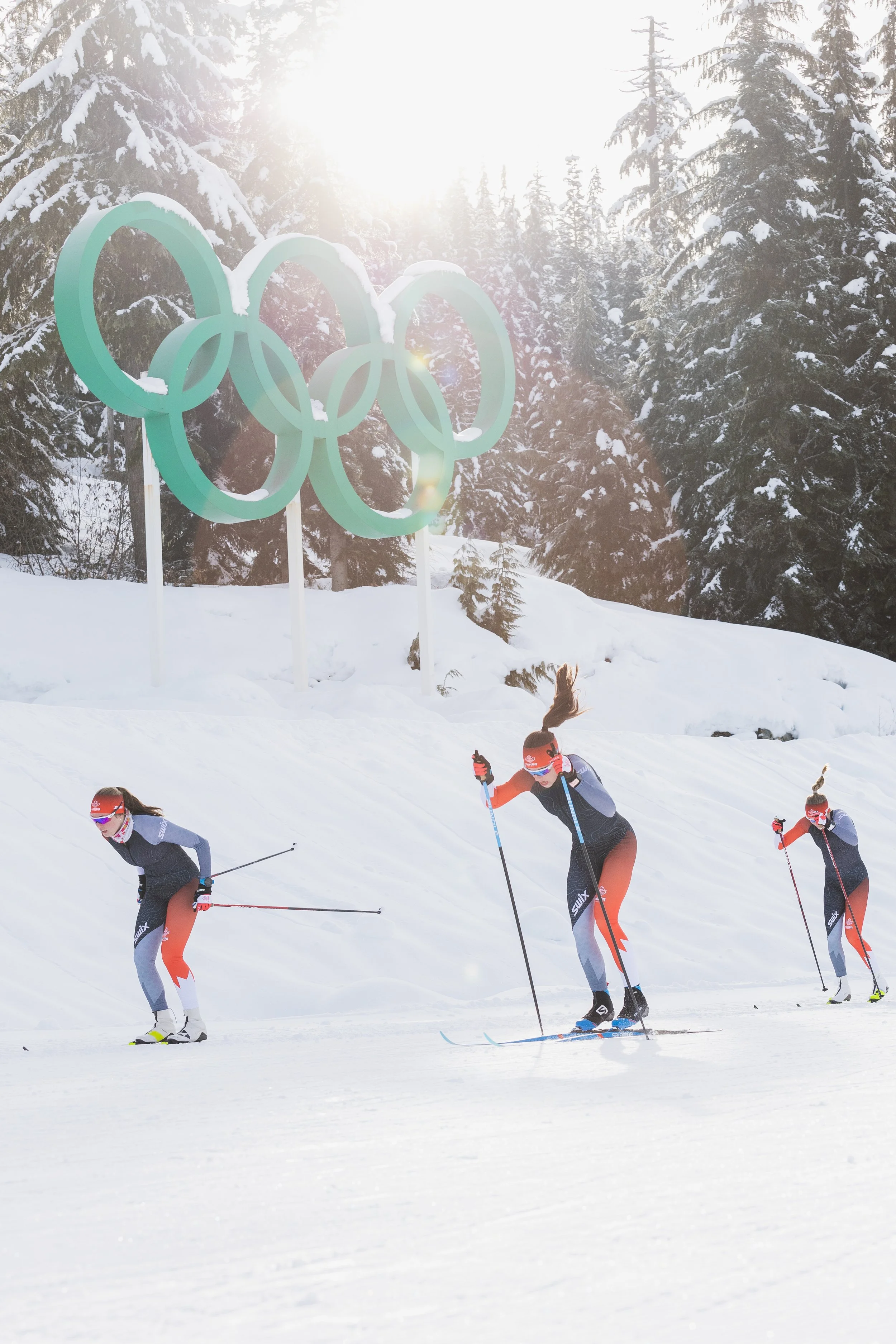Skiers in racing gear competing in a snow-covered landscape with snow-capped trees and an Olympic rings sculpture in the background, sunlight shining through the trees.