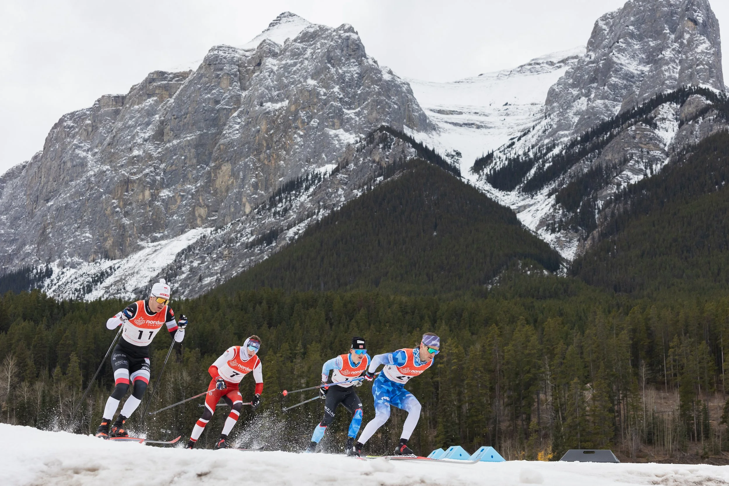 A group of cross-country skiers racing on a snowy trail with mountainous terrain and forested areas in the background.