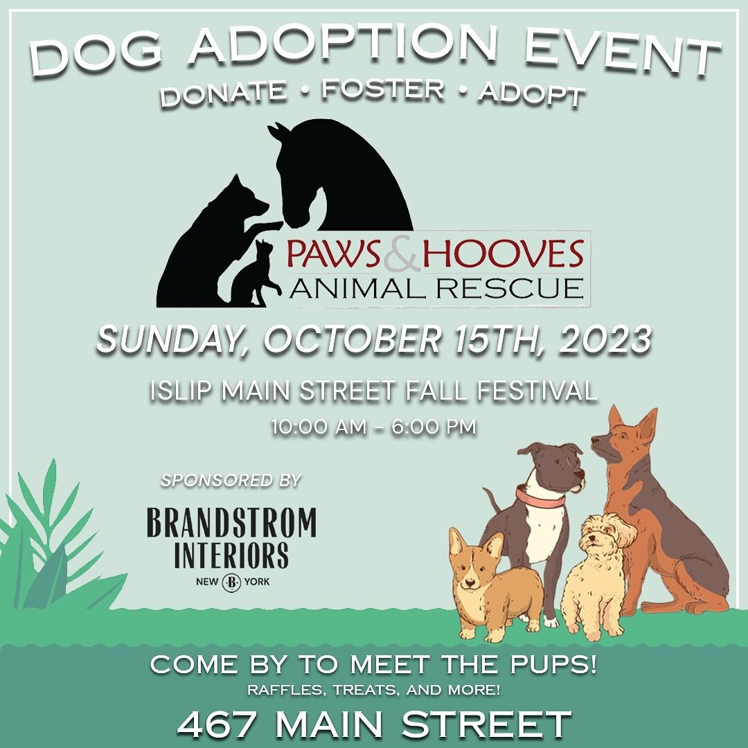 We are excited to announce we will be sponsoring Paws and Hooves Animal Rescue at the Islip Main Street Fall Festival on Sunday, October 15th !!! Looking forward to seeing you there 🍂🐾🐶