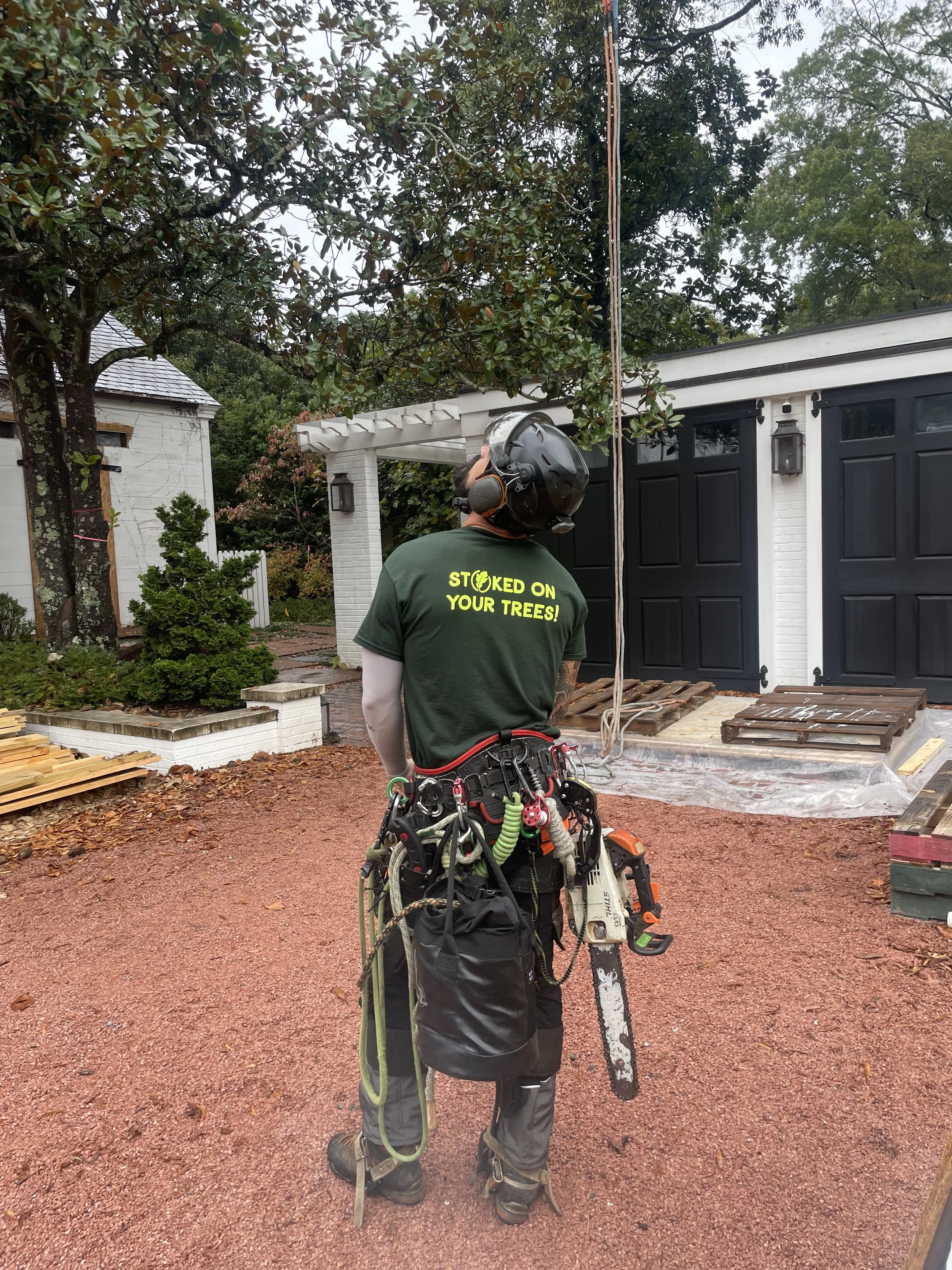 The climber getting reviewing his dismantling plan before leaving the ground.