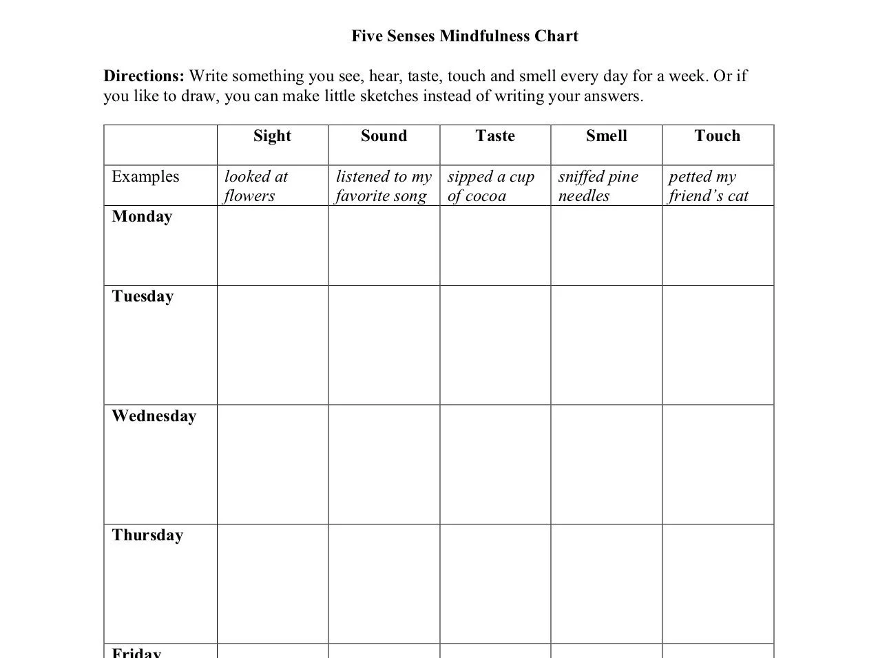 Noticing the Five Senses: A Daily Mindfulness Log