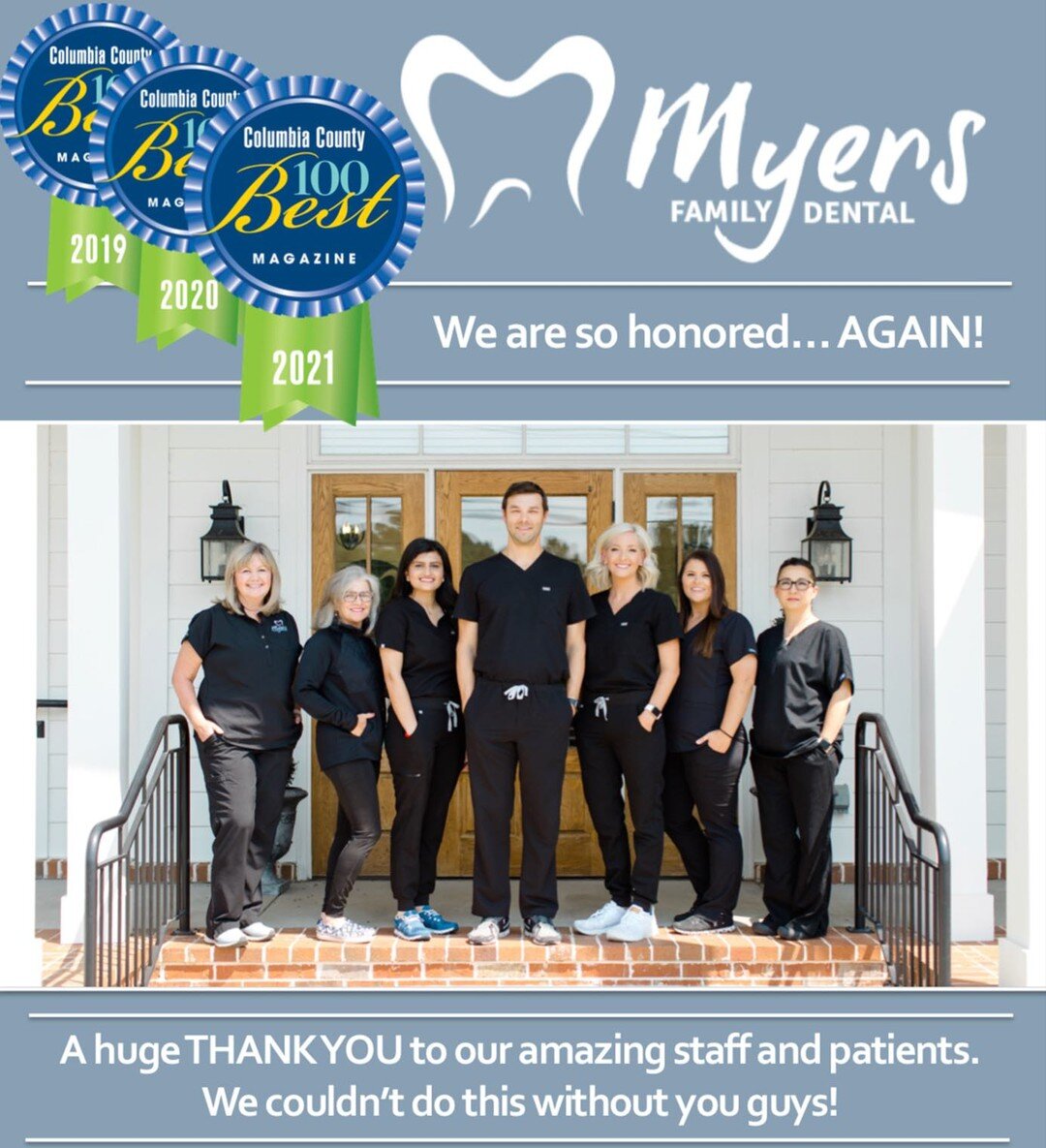 Three years in a row&hellip; We can&rsquo;t even believe it! Thank you, thank you, thank you!!! #ColumbiaCountyMagazine #100Best2021 #MyersFamilyDental