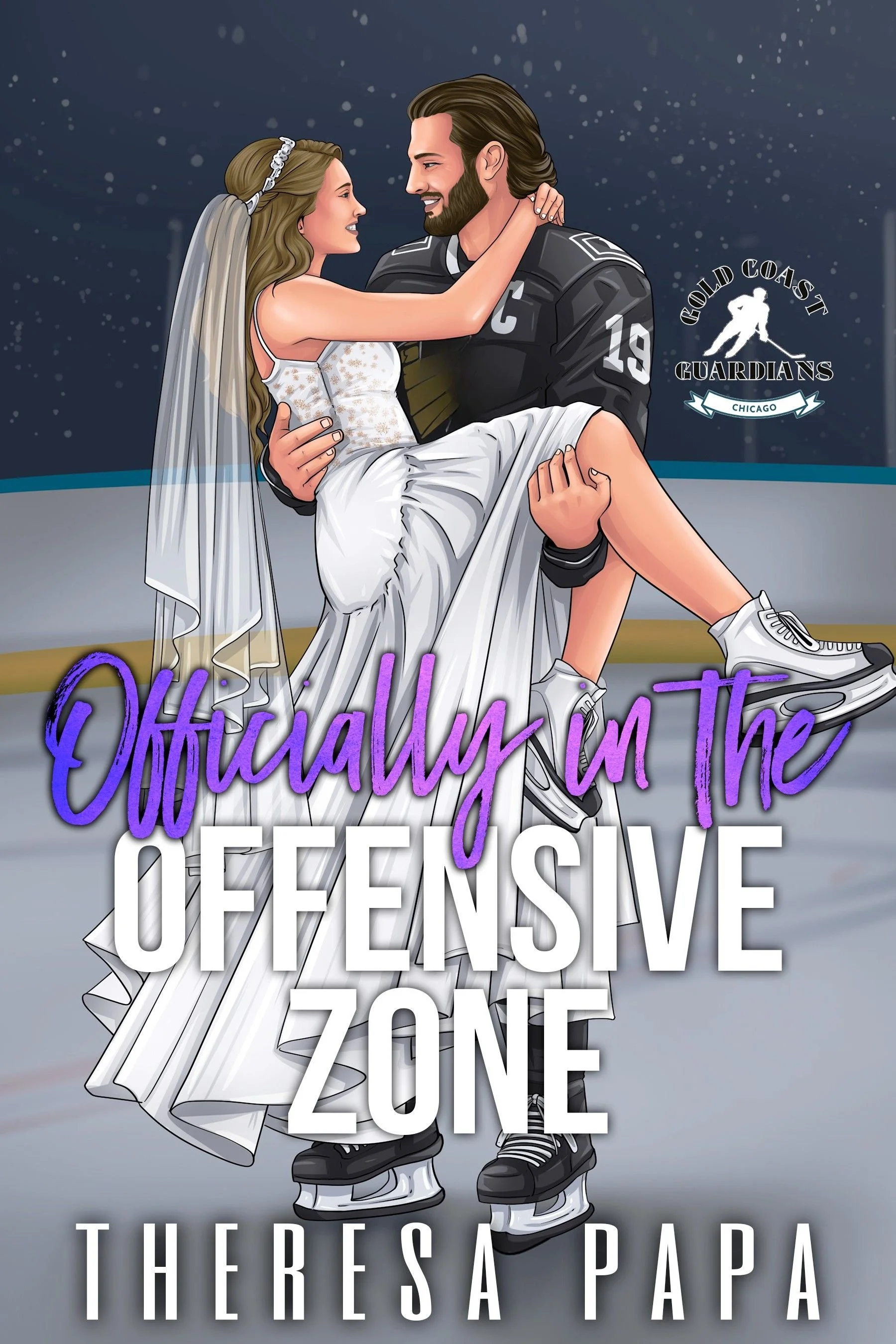 Bookcover with an illustration of a hockey player and his bride called OFFICIALLY IN THE OFFENSIVE ZONE. A second chance, one night stand, reverse grumpy x sunshine Romance book. It has lots of funny and sexy banter with Rom com storyline,