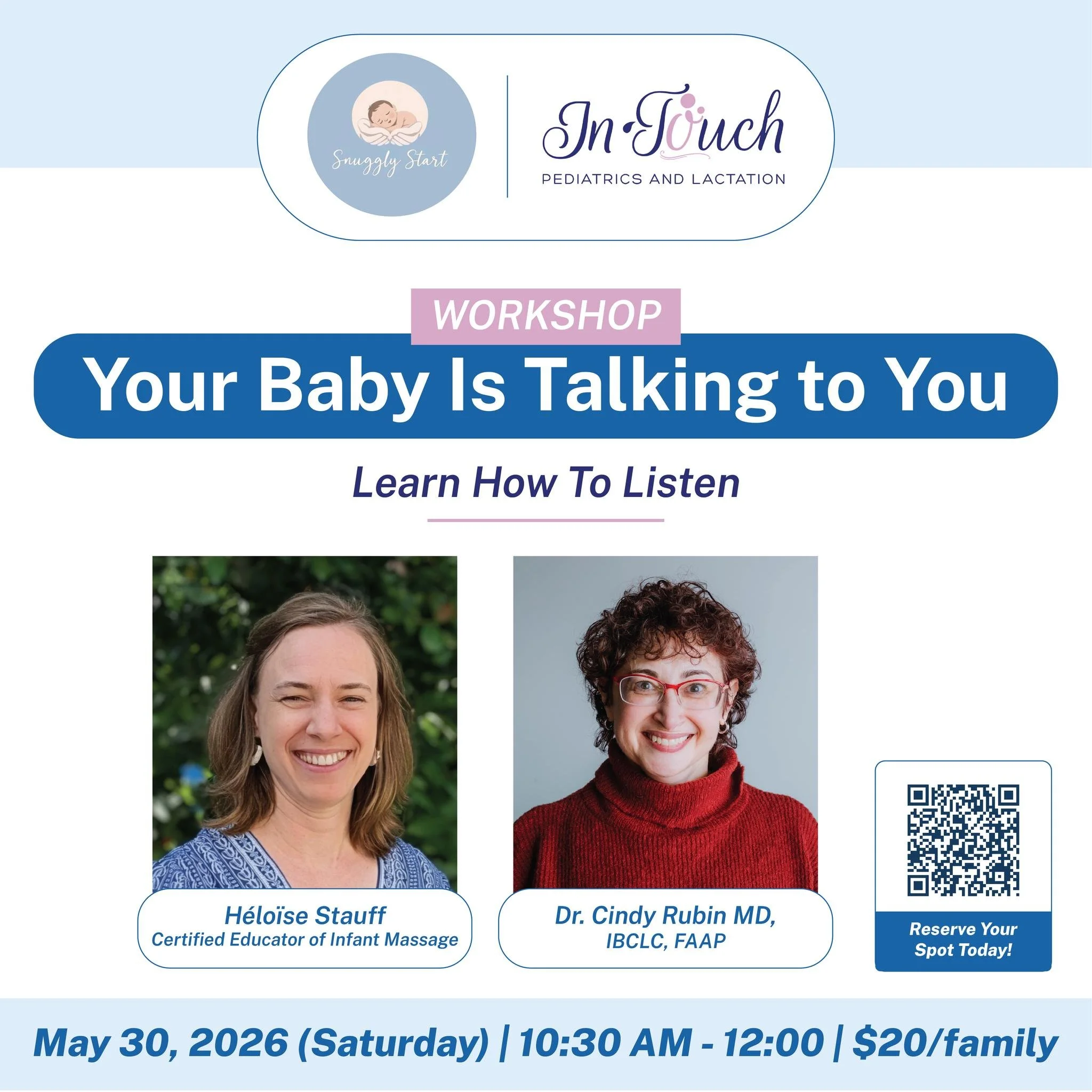Your baby is talking to you. 👶 

This workshop helps you understand what they're saying.

Snuggly Start and In Touch Pediatrics and Lactation are teaming up for a small-group morning workshop for new and expecting parents in the Oak Park area.

🍼 F