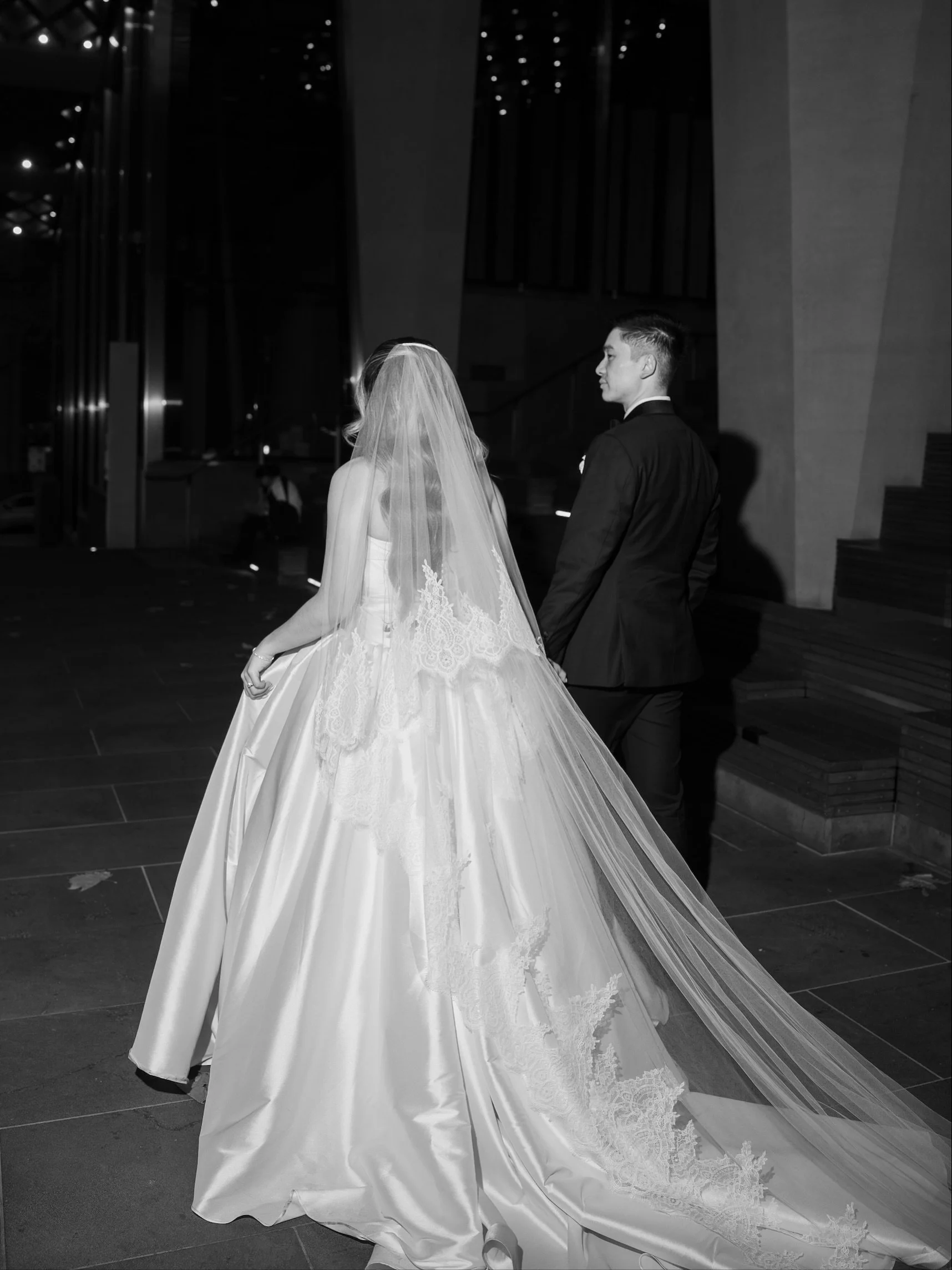 Veils designed to make a statement. Bride Beatriz wears our Royal Lace veil in cathedral length, pictured styled with and without the blusher.