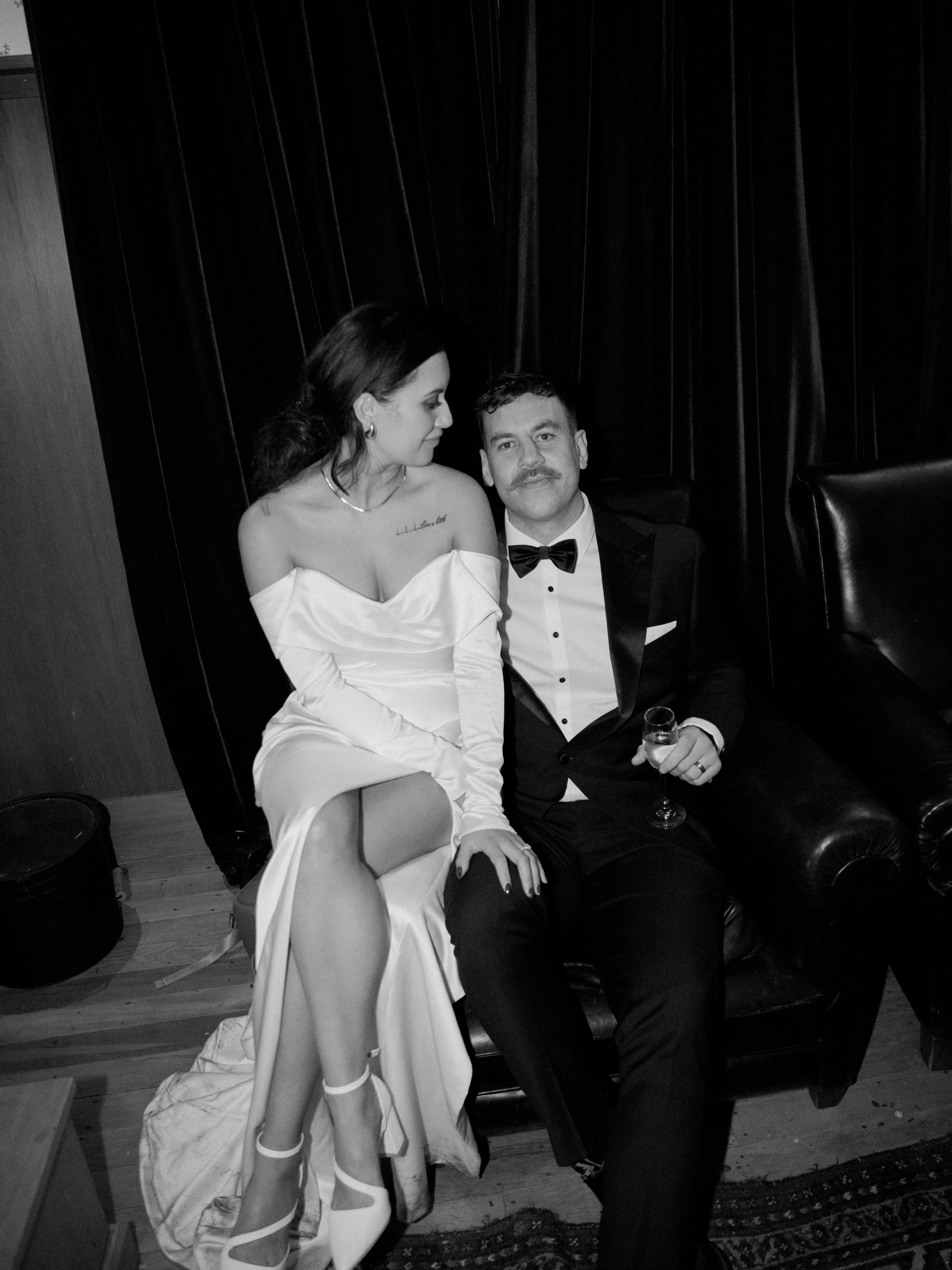 For Mickayla, a bespoke Curator the Label gown designed with an off shoulder neckline, elegant long sleeves and graceful split. A modern silhouette for a beautiful celebration with Hayden.