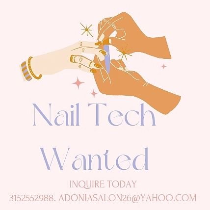 The demand for more of ALL of our services is BOOMING ☀️
&amp; we're so grateful for it 🥹

We're looking to add another Nail Tech to our team and schedule!
Inquire at adoniasalon26@yahoo.com with your resume or call us today at 3152552988

Come grow