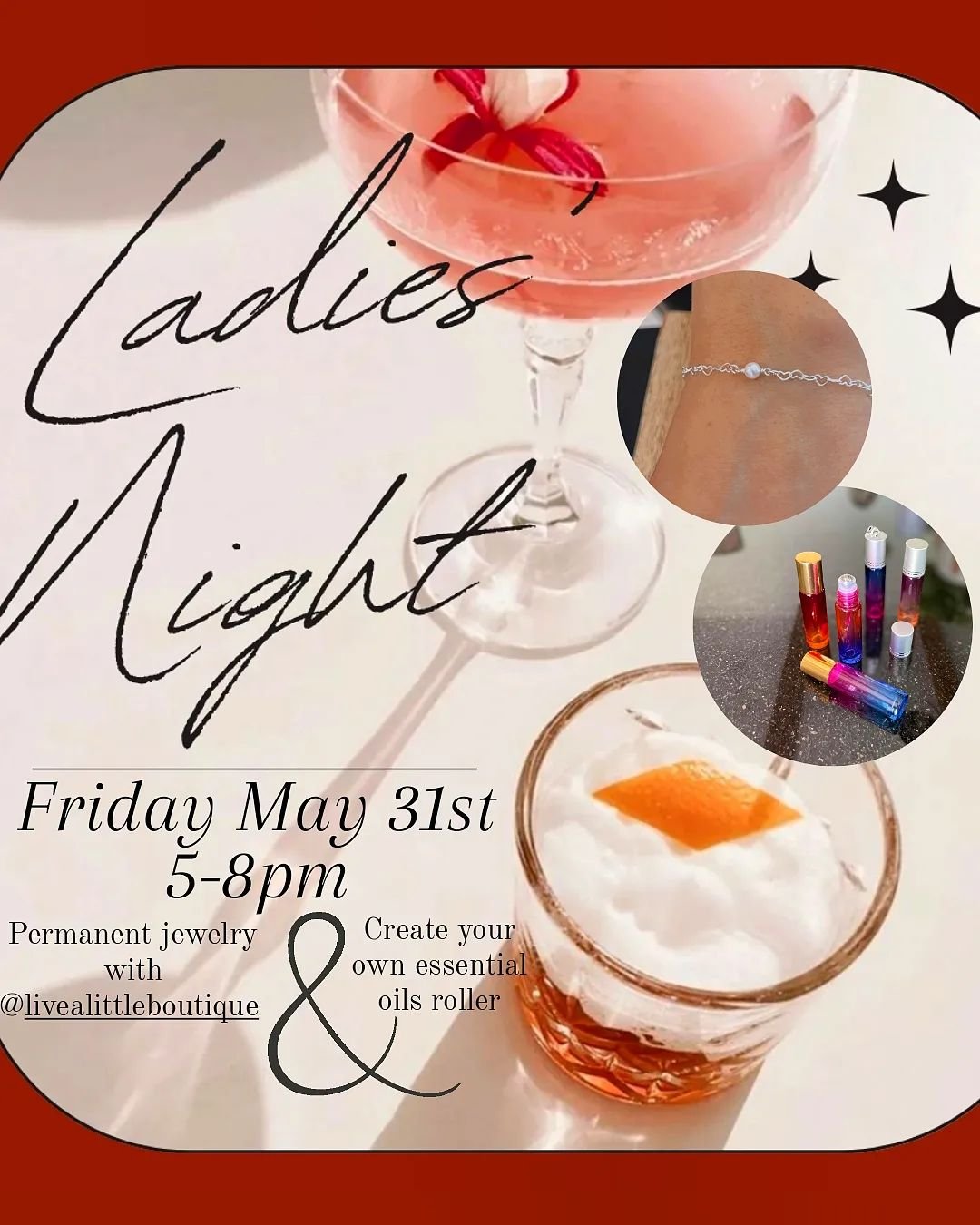 Adonia is bringing another ladies night to the calendar!!!

Mark it down!
FRIDAY MAY 31ST 5-8PM

We will have :
@livealittleboutique here doing permanent jewelry 
We will also have Kim here with a build your own essential oil roll on bar!
Roll ons wi