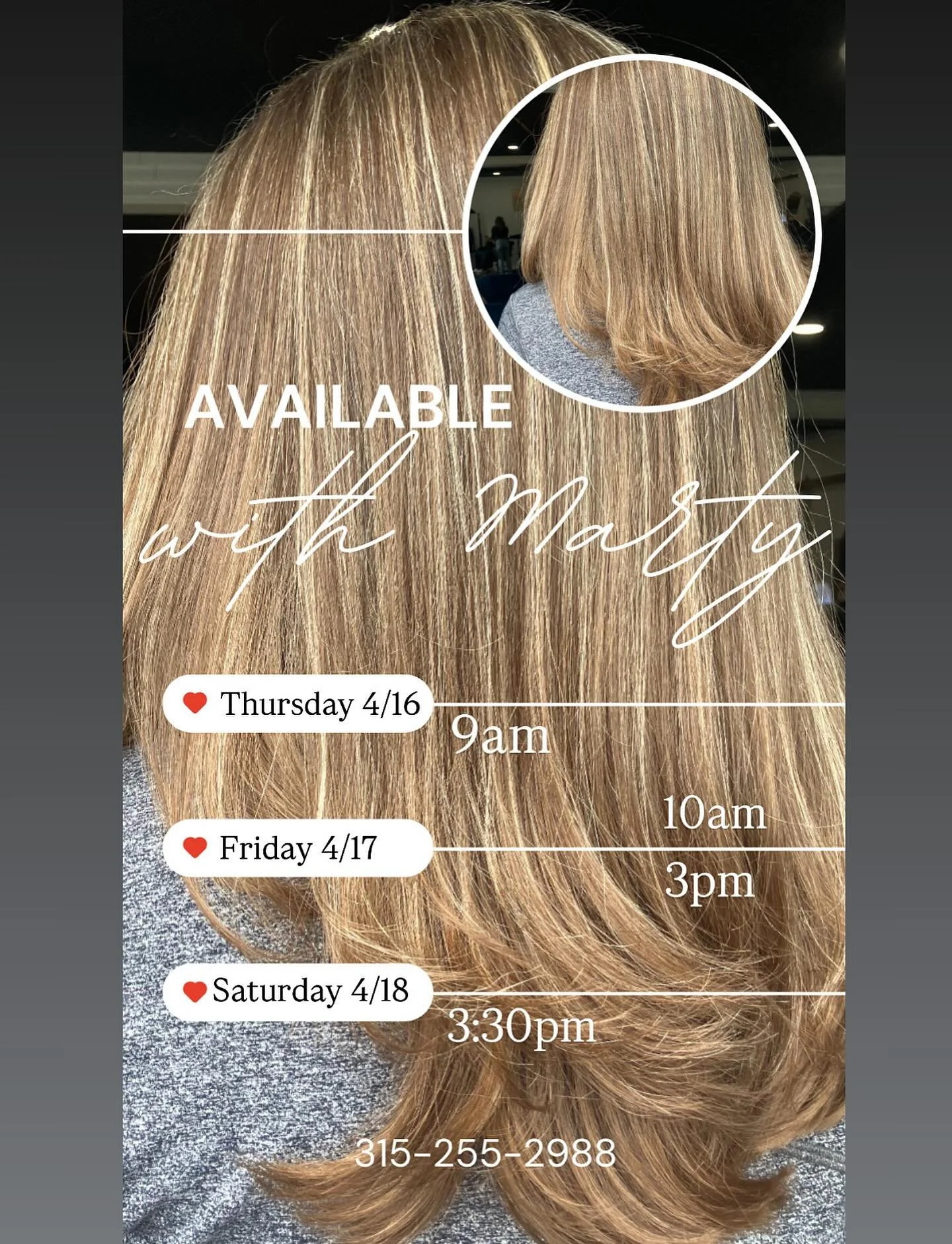 Available this week with @martyberger18 our girl ☀️
315-255-2988 text to quickbook

Enjoy this sunshine and WARMTH 🫶