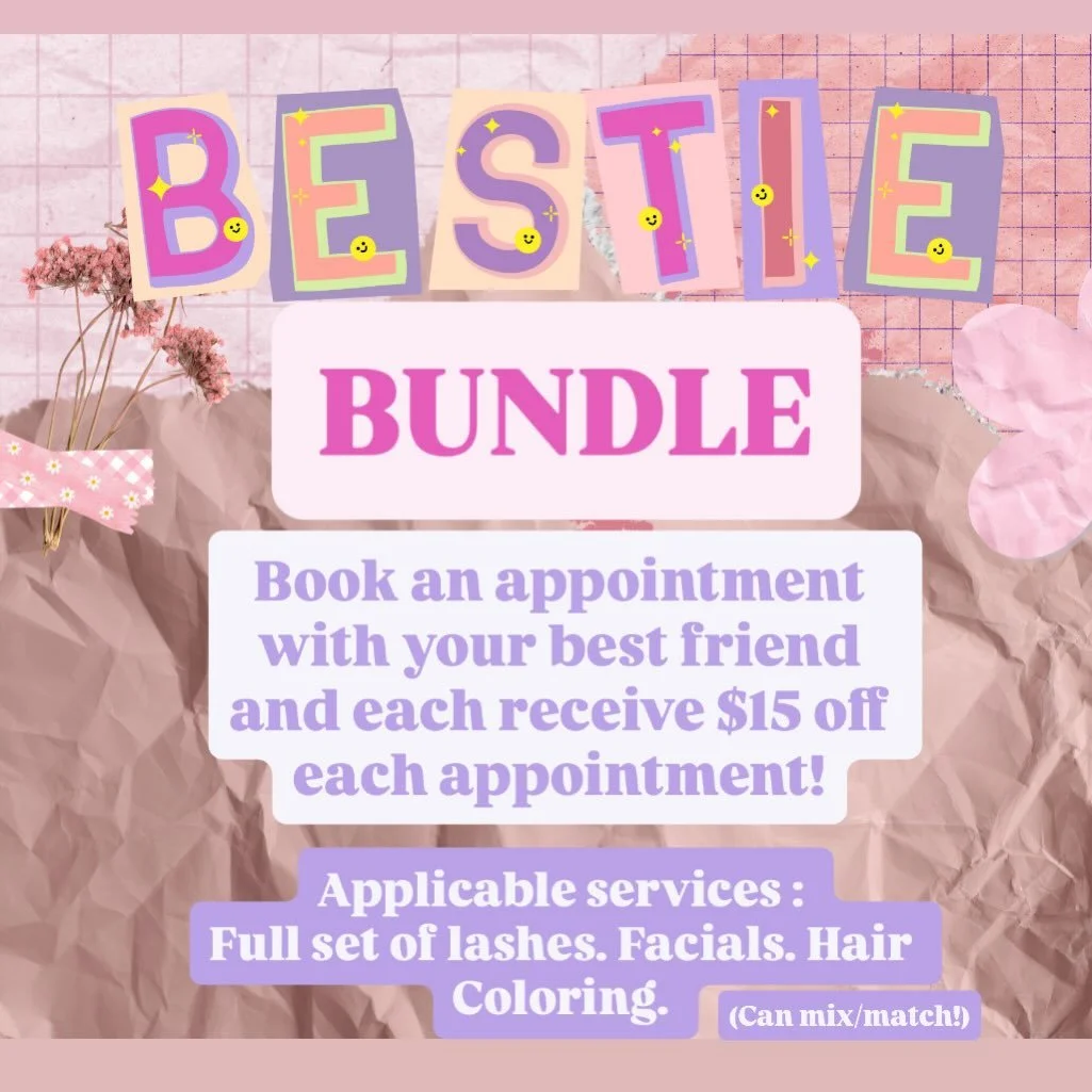 Valid For the Month of June 🌈 
Book With Your Bestie ☀️ 
((&amp; save 👏))

Tag your bestie you want to get summer ready with!
One can book hair, one can book lashes! Vice versa! Or Maybe a couple facials?! 😁

315-255-2988
Let&rsquo;s get you gals 