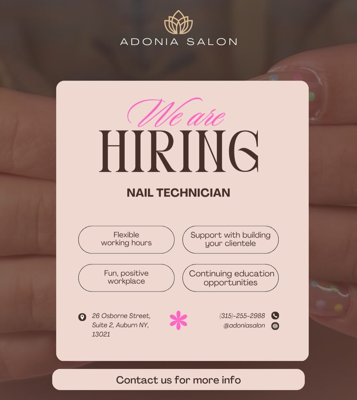 Come grow along with us 💅 

Send resume and info to adoniasalon26@yahoo.com
🤍🤍