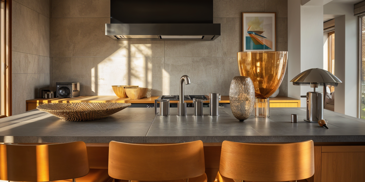 Modern kitchen with a gray countertop, wooden chairs, decorative glass vases, and sunlight streaming through windows.