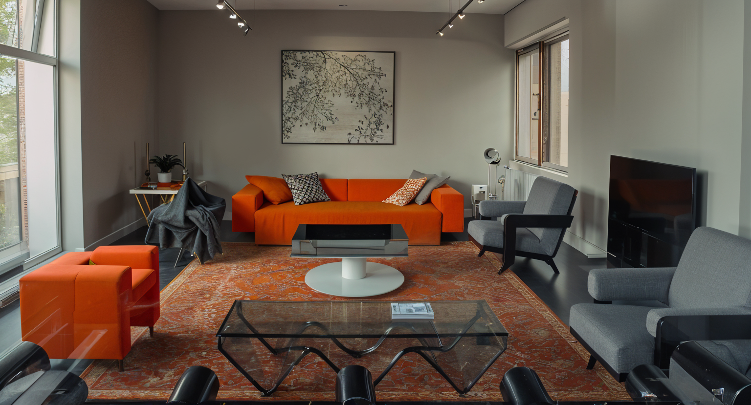Living room with orange and gray furniture, a large orange couch, two gray armchairs, a black coffee table, a glass table, a flat-screen TV, and a framed black-and-white artwork on the wall.
