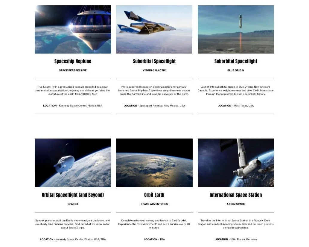 A collection of six images and descriptions of space and spacecraft. The images include a Spaceship Neptune, Suborbital Spacelight, Blue Origin rocket launch, Orbital Spacelight, view of Earth from space, and the International Space Station. Each description provides information about the respective space vehicle, its location, and its mission.