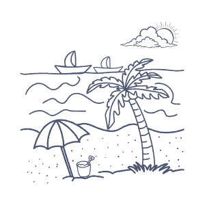 Beach scene with palm tree, umbrella, beach chair, and boat on the water with sailboats in the distance, sun in the sky.