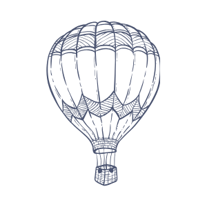 Outline of a hot air balloon with a basket underneath, depicted in blue line art.