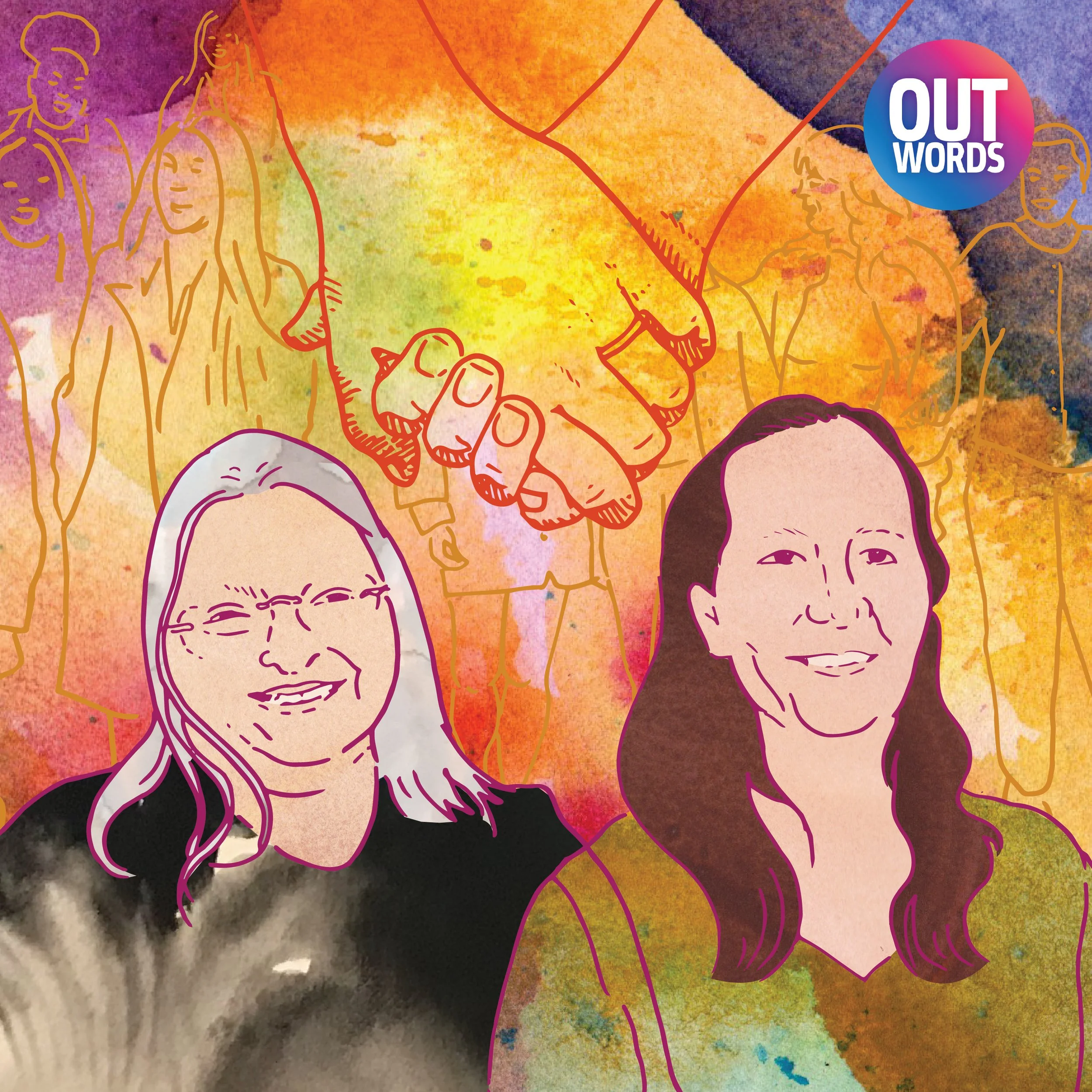 Portrait of Ann and Suede Tamar-Mattis created as an episode graphic for the podcast Queering Precedent, a project of the Out Words Archive.