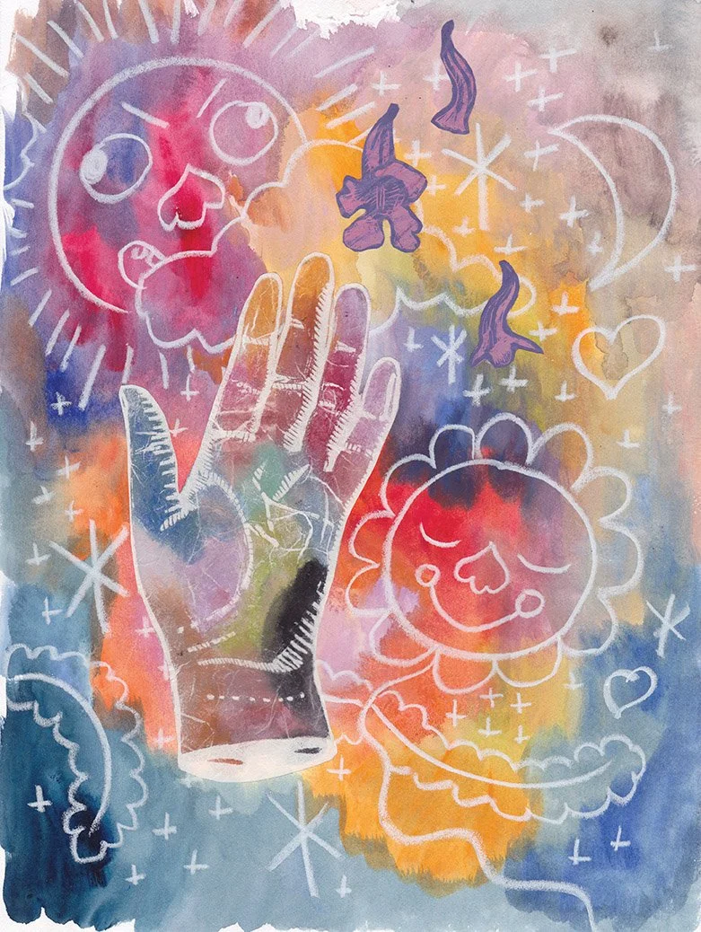 "Hand y Jacarandas"
woodcut, watercolor, wax pastel
11x15 in 