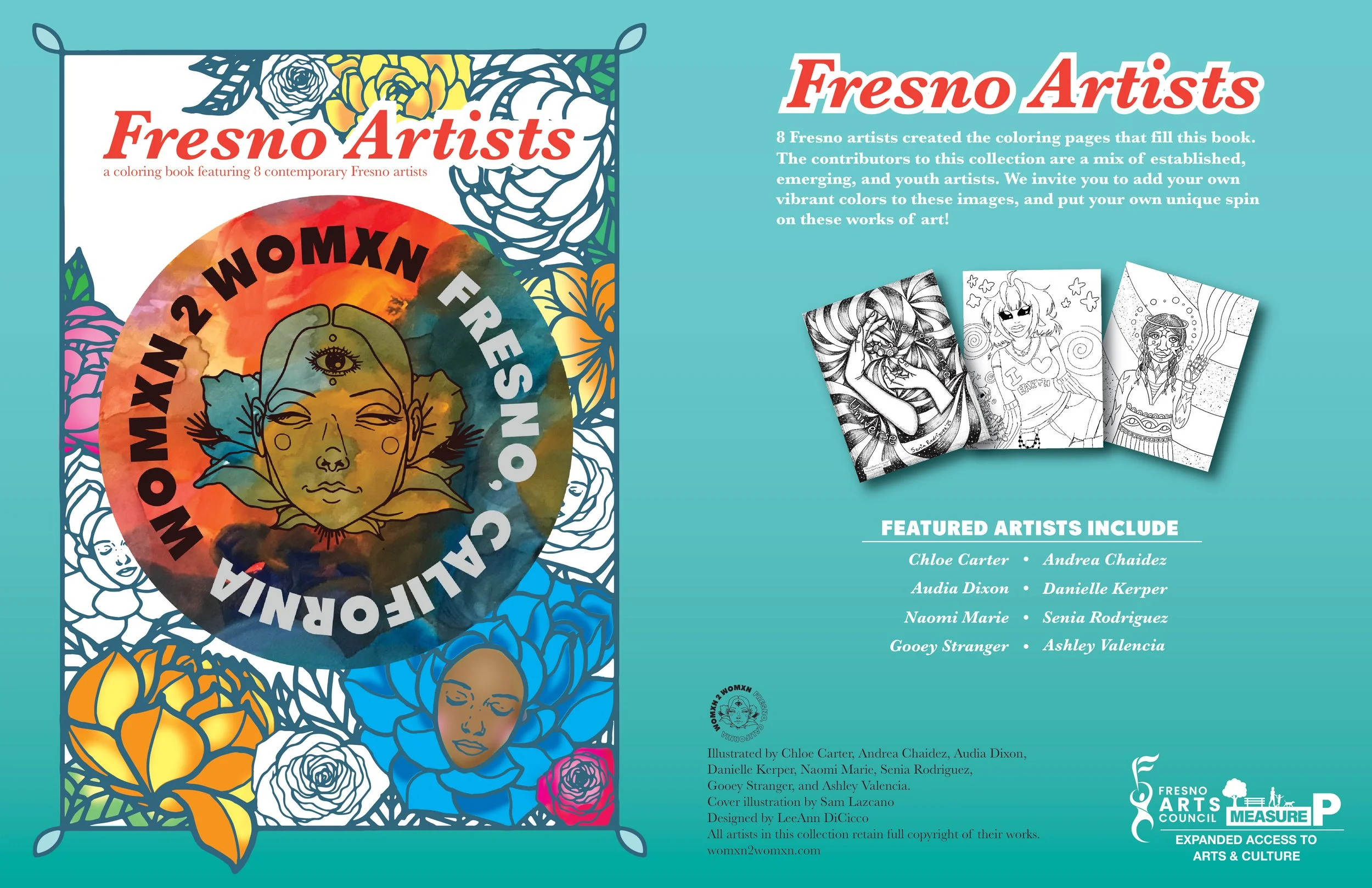 Front and back covers of the 2025 Fresno Artists coloring book, a project of Womxn 2 Womxn.   