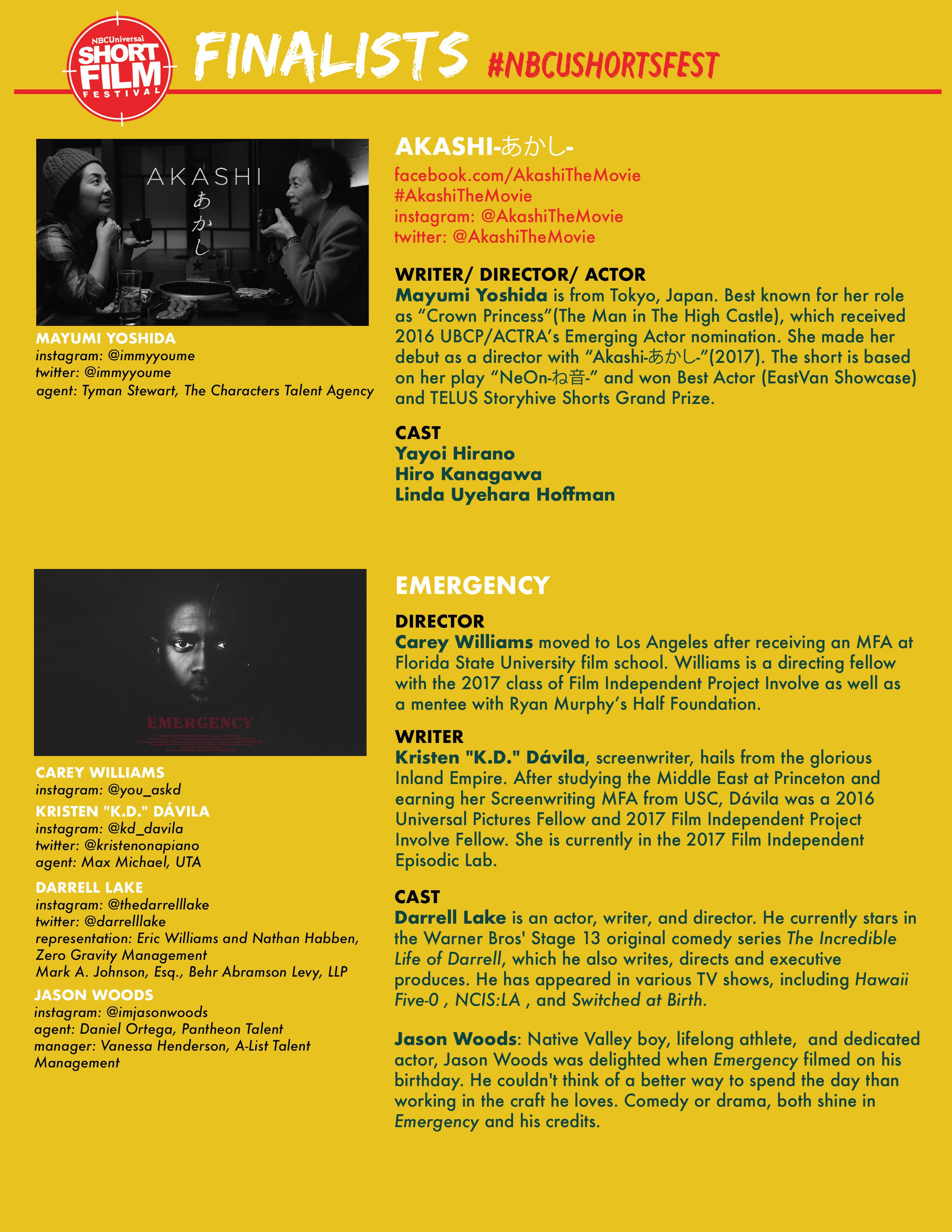 A page from the interior of the program for the 2017 NBC Universal Short Film Festival.