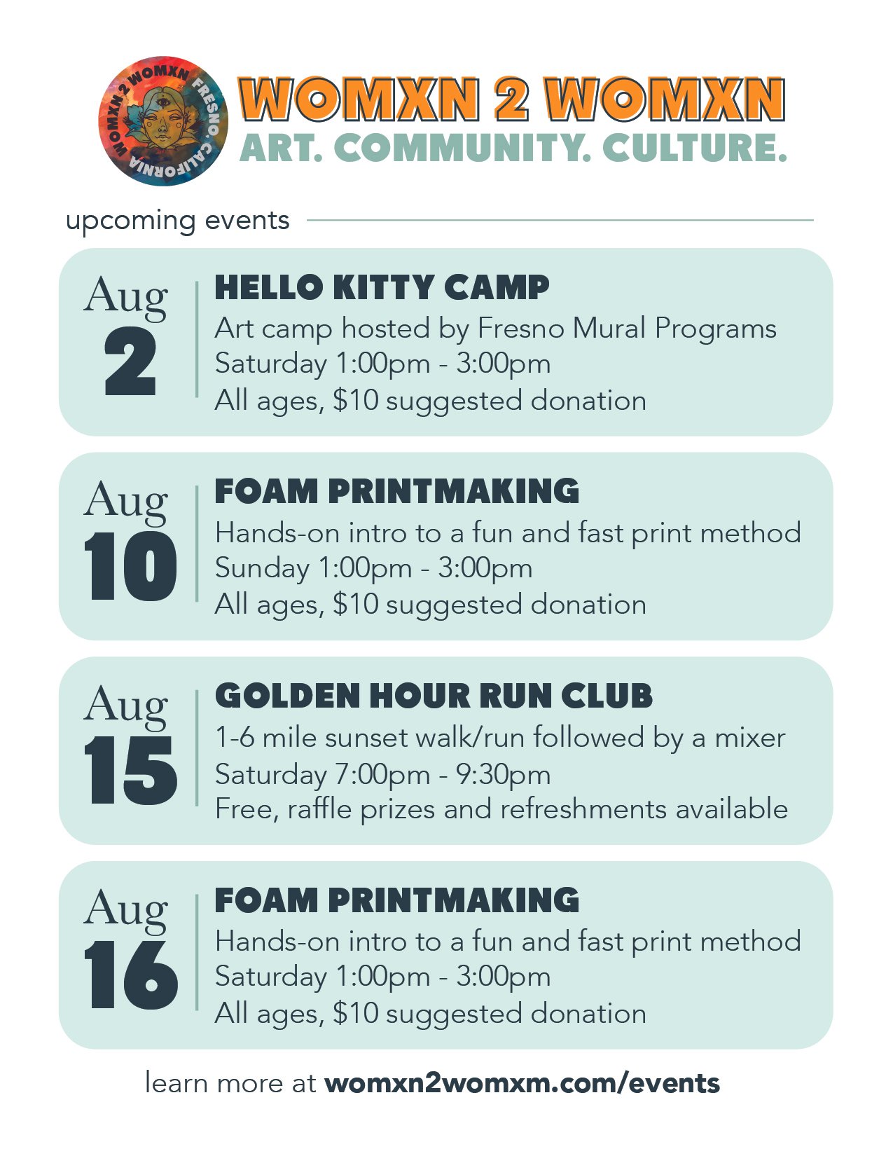 Handbill created to promote a series of workshops being offered by Womxn 2 Womxn.