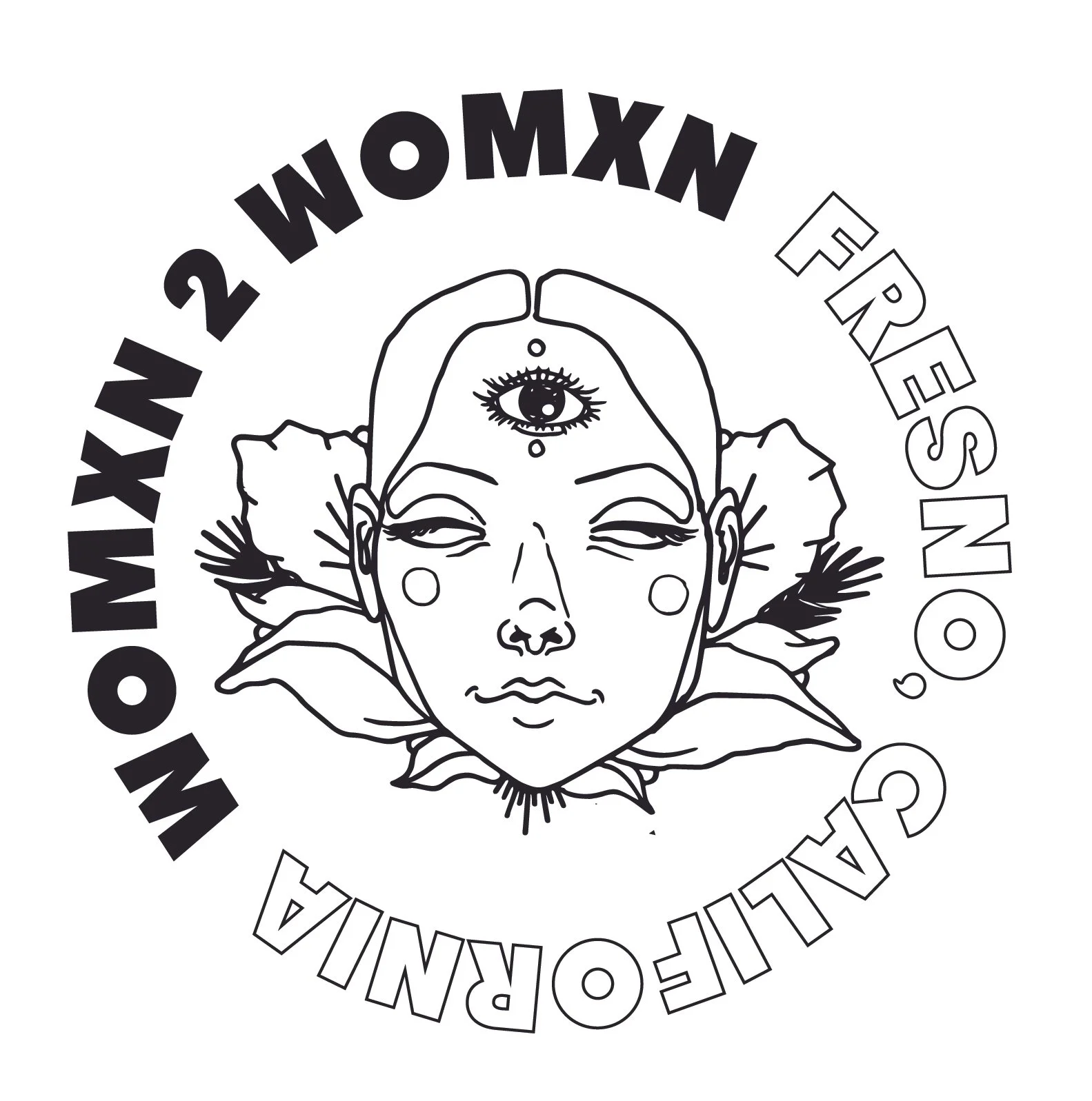 Logo for the arts non-profit, Womxn 2 Womxn. The line drawing was created by Sam Lazcano and the layout, and type setting were done by LeeAnn DiCicco.