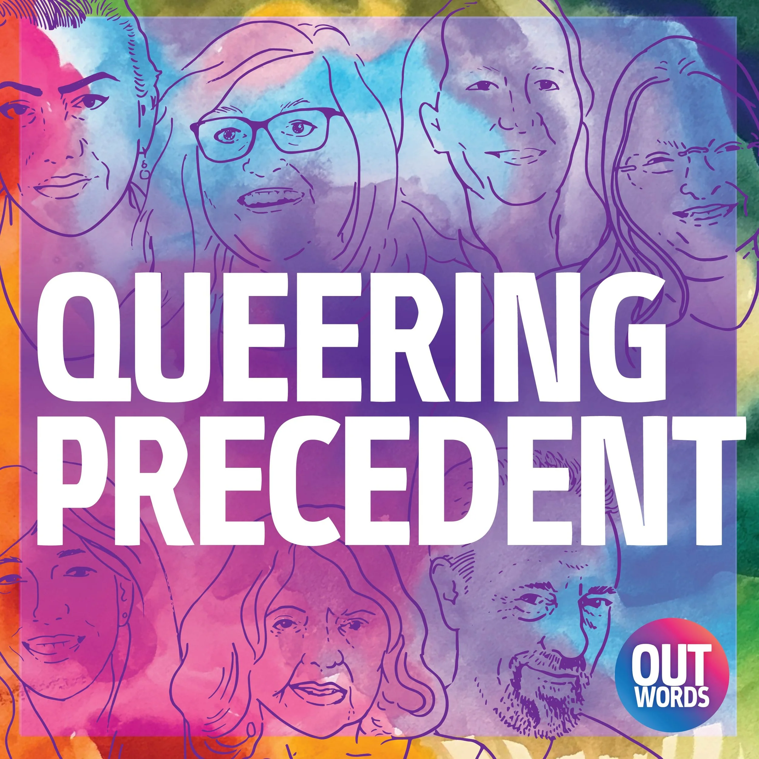Logo for the podcast Queering Precedent, a project of the Out Words Archive.