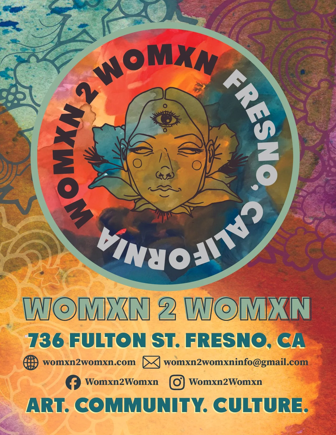 Handbill created to promote the arts nonprofit Womxn 2 Womxn.